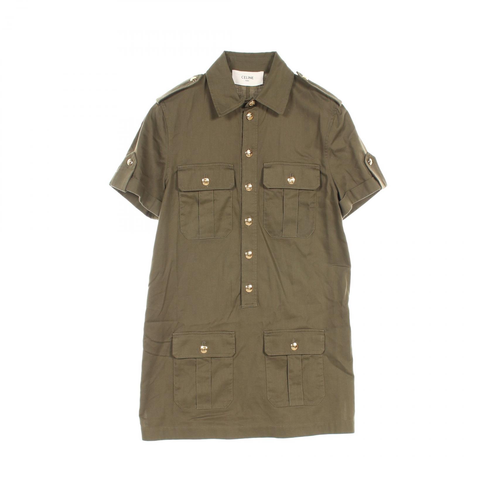 【7千円OFFクーポン対象】セリーヌ CELINE ミリタリーポケットシャツワンピース トリオンフ ワンピース 衣料品 トップス コットン レディース カーキ系 2Z488106K 【中古】のサムネイル