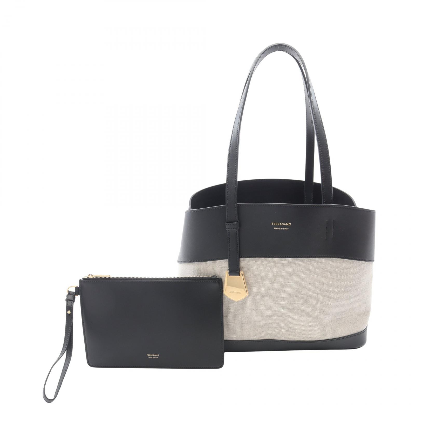 ＼20%OFFクーポン対象／サルヴァトーレフェラガモ Salvatore Ferragamo CHARMING TOTE トートバッグ バッグ キャンバス レザー レディース アイボリー系 / ブラック系 21 6797 【中古】