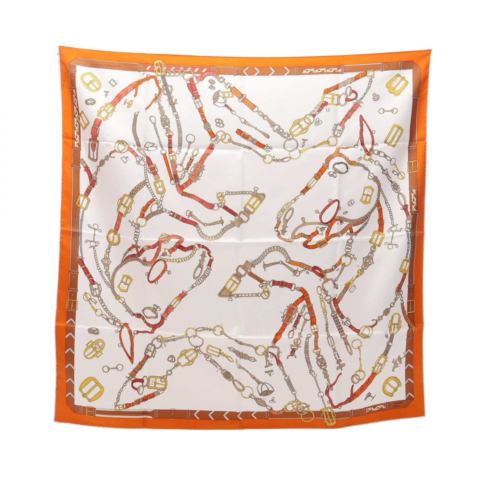 エルメス HERMES カレ90 Chevaux Dechaines スカーフ 衣料品 シルク シルク レディース オレンジ系 / ホワイト系 【中古】のサムネイル