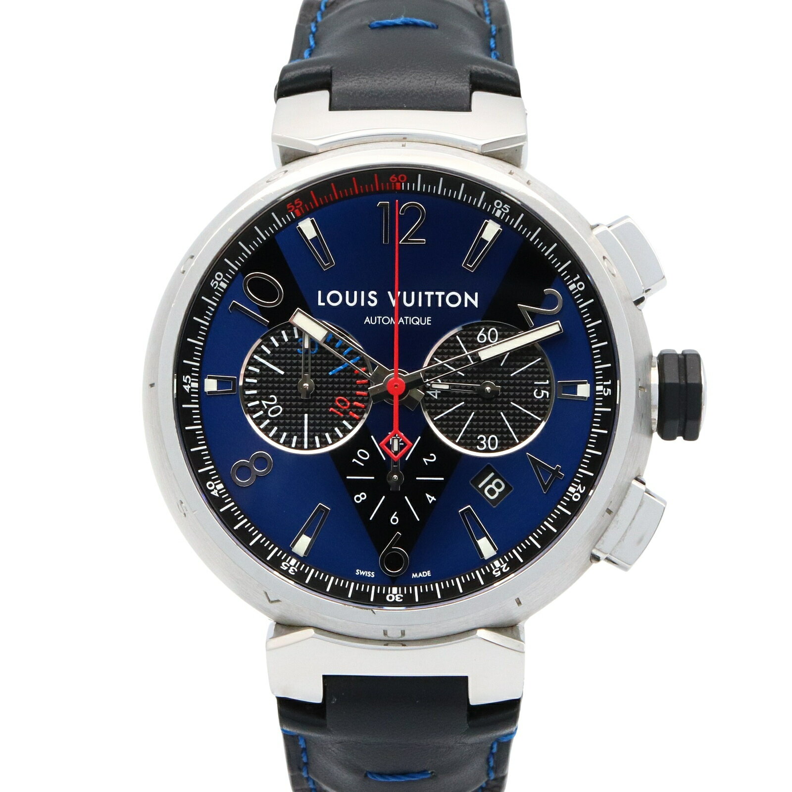 ルイ・ヴィトン LOUIS VUITTON タンブール クロノ 腕時計 時計 ステンレススチール クロコ革 メンズ ブルー系 Q102V 【中古】