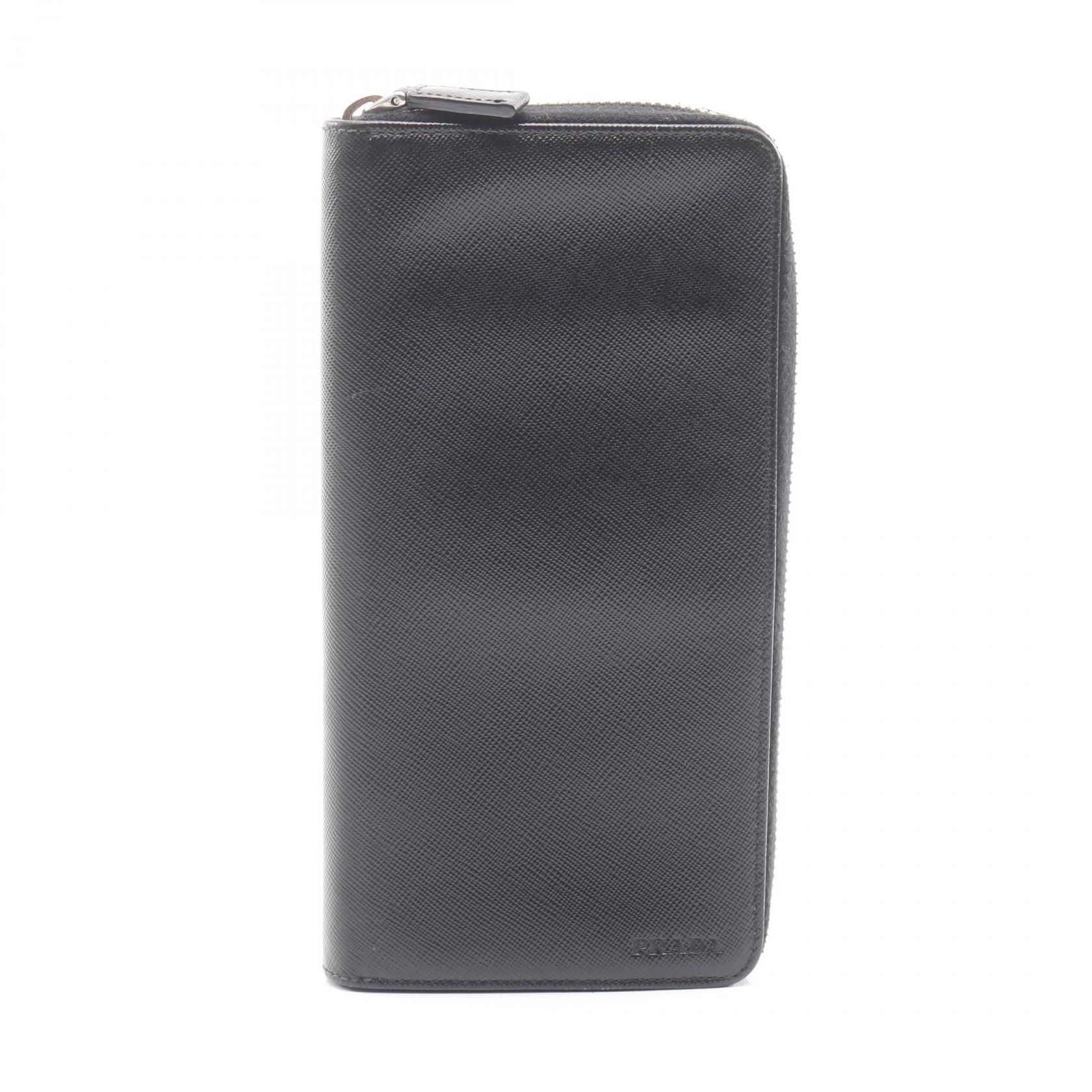 ≪全品5%OFFクーポン対象≫プラダ PRADA ラウンド長財布 財布 サフィアーノレザー メンズ レディース ブラック系 【中古】