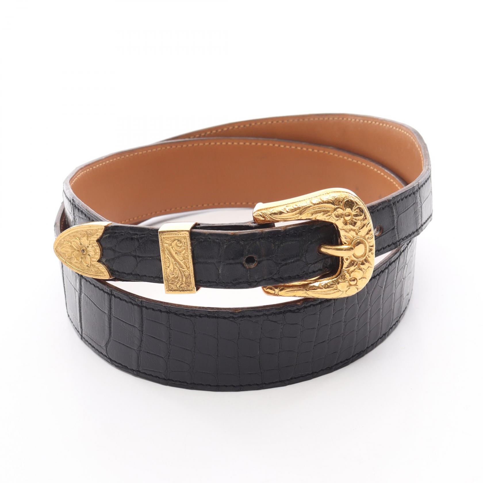 ＼15%OFFクーポン対象／エルメス HERMES ウエスタン ベルト 衣料品 アリゲーター アリゲーター レディース ブラック系 【中古】