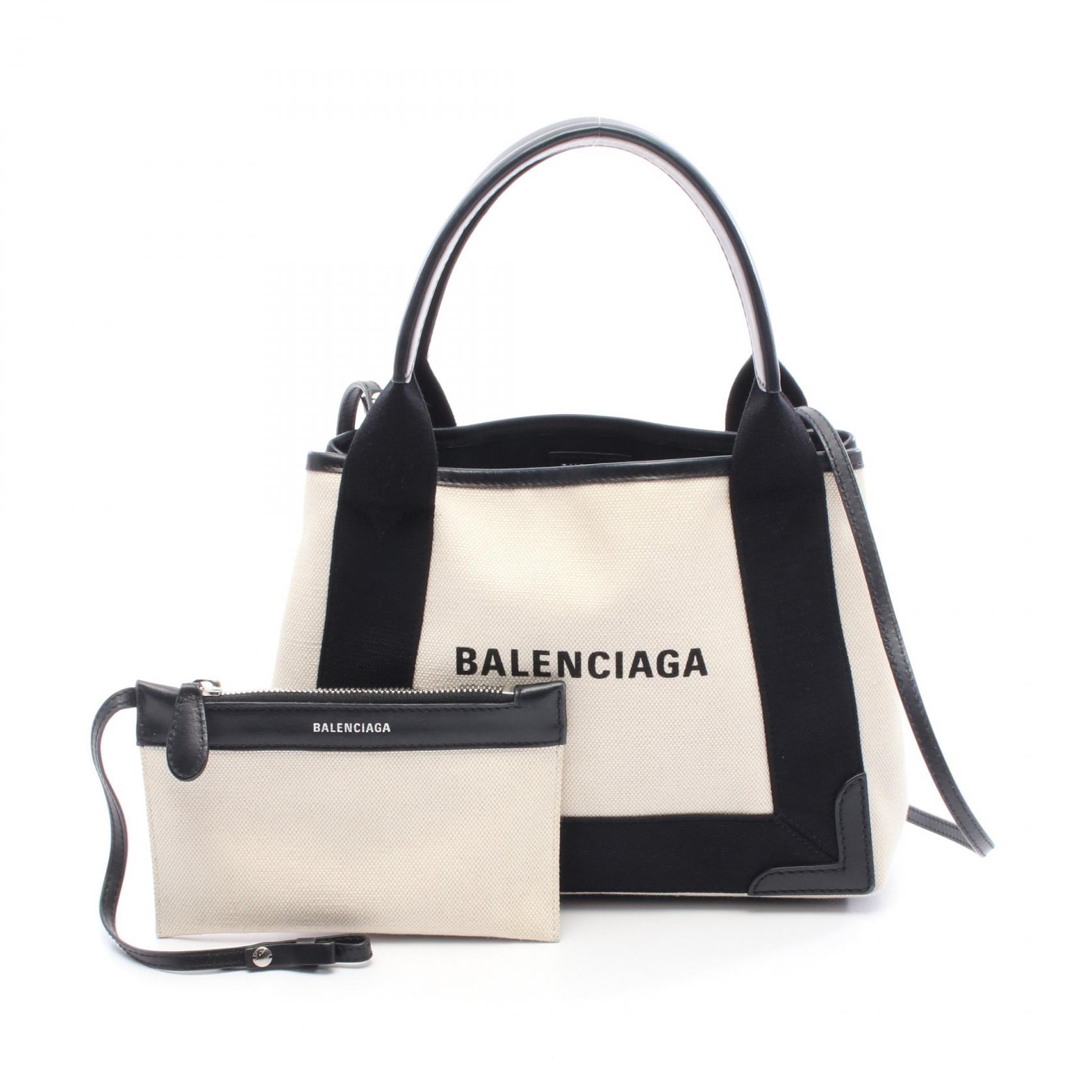 ◆全品5%OFFクーポン対象◆バレンシアガ BALENCIAGA ネイビーカバ XS ハンドバッグ バッグ キャンバス レザー レディース アイボリー系 / ブラック系 390346 【中古】