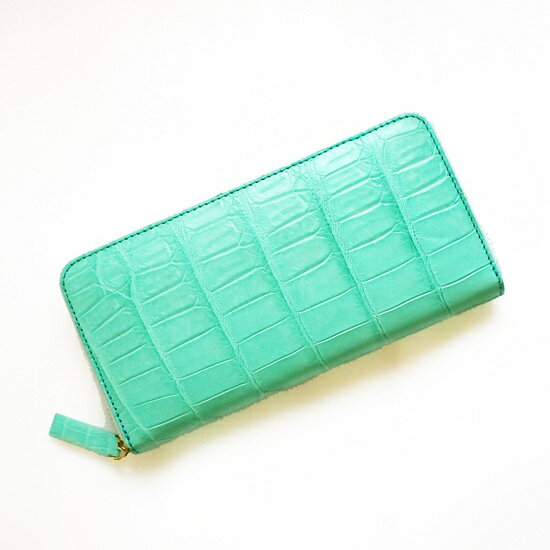 21年新春福袋 価値ある一枚革 クロコダイル ミーク ラウンドファスナー長財布アクアブルー 青 緑ユニセックス 無双仕立て 本クロコダイル革一枚仕立て 内装牛革 小銭入 エキゾチックレザー 男女兼用 ワニ革 束入れ 本革 長札入 カラフル 収納力 風水 金運革 手になじむ