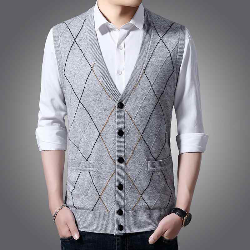 ニットベスト 男性用 Vネック ウール混 カーディガン チョッキ 中高年 シニア 向け 秋冬 格子柄 あった..