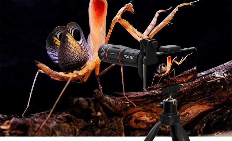 スマホ用カメラレンズ 28倍望遠レンズ 198°魚眼レンズ 0.6×広角レンズ 20倍マクロレンズ スマホ用三脚+4in1レンズセット iPhone Andr