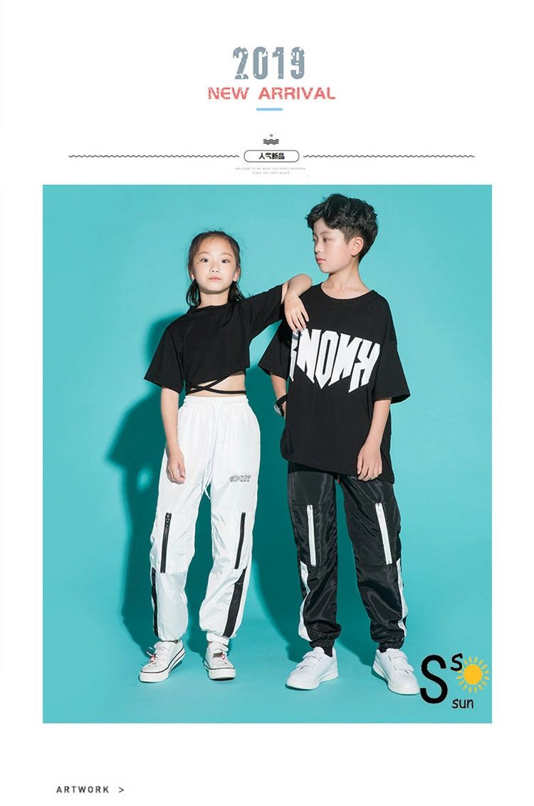 子供服 ヒップホップ セットアップ 黒トップス 白パンツ 女の子 へそ出し トップス ジャズ ダンス衣装 ..