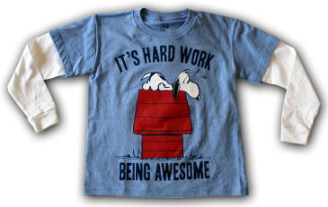 【スヌーピー/Snoopy】キッズ・ジュニア ロングTシャツ『It'S HARD WORK/XSサイズ（ライトBL×WH）※ワケあり※』ピーナッツ peanuts アメキャラ アメリカン雑貨