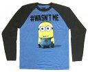 〇【 ミニオン MINION 】『 #WASN'T ME ロングTシャツ BL×ダークGY 』ミニオンズ ラグラン 長袖 ロンT 大人 メンズ レディース ファッション キャラクター universalstudio 人気 おすすめ かわいい アメリカ雑貨