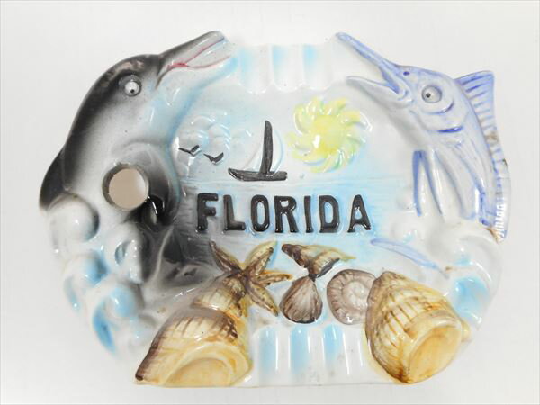 〇【 ヴィンテージ 昭和レトロ 】『 Florida 陶器製灰皿 ashtray 』 オーシャン いるか 貝殻 灰皿 フロリダ 日本製 置物 土産 陶器 石鹸置き インテリア 雑貨 1960年代