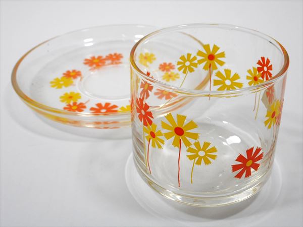 ◎【 昭和レトロ 】『 アデリア グラス アリス ロックグラス お花 オレンジ イエロー 』 コレクション ヴィンテージ コレクション コレクター glass ビンテージ ヴィンテージ 昭和レトロ 食器 生活雑貨　アデリアのサムネイル
