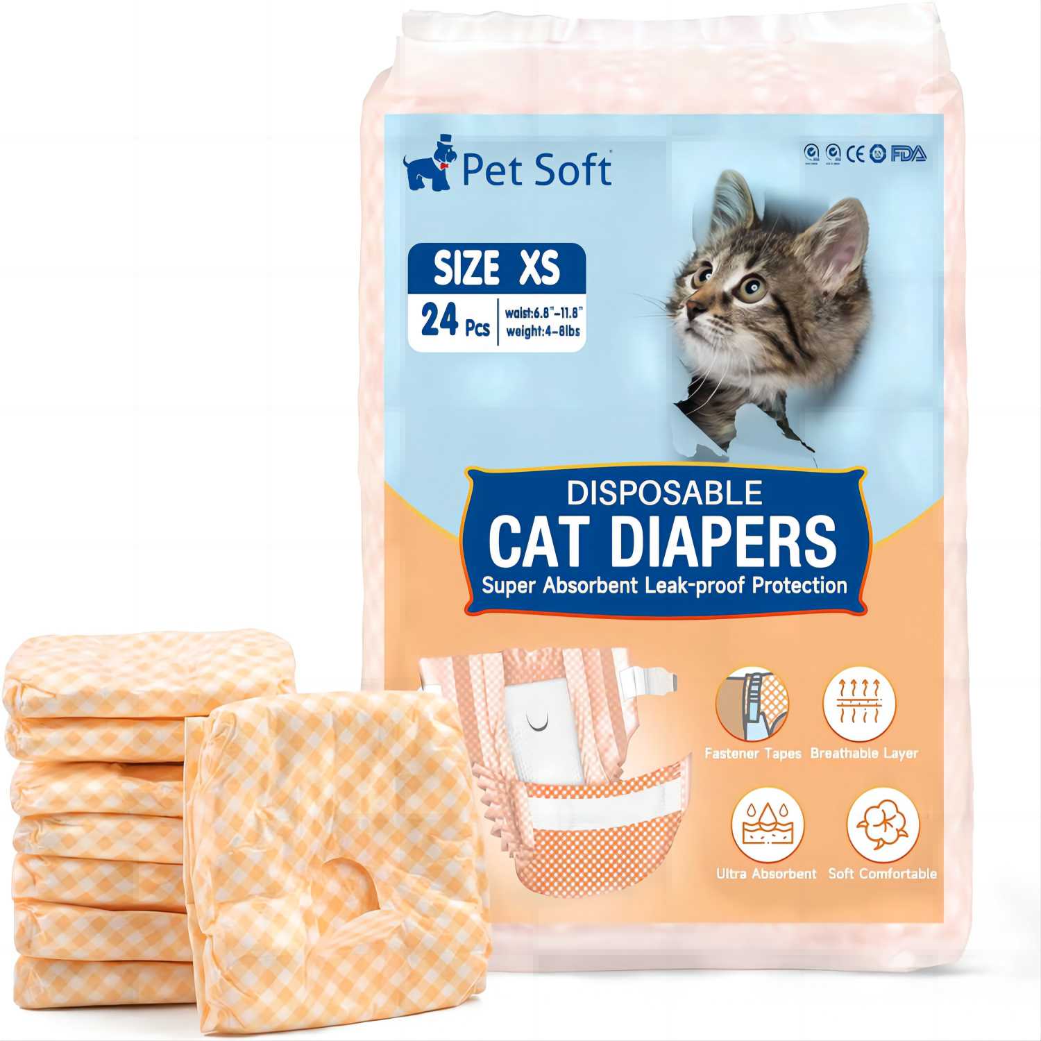 pet soft猫オムツ 女の子用サニタリーパンツ 24枚入り 高吸収性 ズレない 漏れにくいエチケットウェア お漏らし対策 生理介助 旅行 散歩中おトイレ 消臭衛生 蒸れなく快適 オレンジチェック柄 猫犬兼用おむつウェア