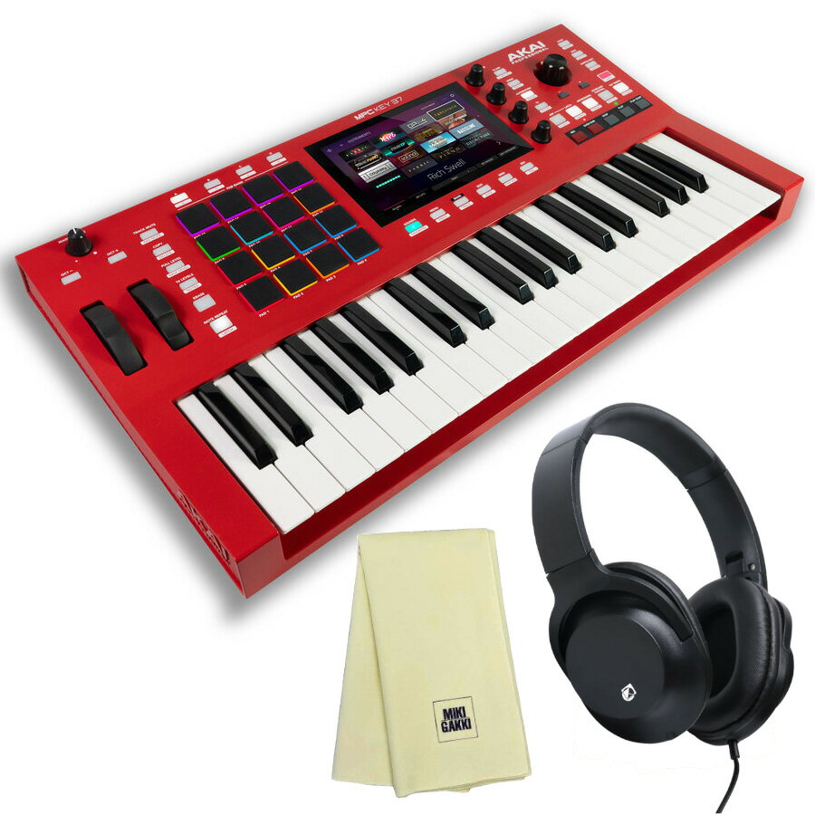 《セット内容》 ・AKAI MPC key 37 ・ヘッドホン KHP-001 ・三木楽器オリジナルクロス MPC Key 37は、伝説的なMPCワークフローをコンパクトなキーボードにもたらします。 ビート、シンセ&ベースライン、サンプルのチョップ、そして完全な楽曲を構築するために必要なものすべてを、コンピューターなしで実現 します。 MPC Key 37には、100を超える内蔵エフェクトとともにAkaiプラグインのコレクションが標準で付属しています。 さらにSpliceとワイヤレス統合されたこの環境はすべて、MPCのアイコニックな16パッド、37鍵アクションキーボード、7インチタッチスクリーン、4つのリアルタイムQ-linkエンコーダーによってコントロールされます。 MPC Key 37は、MIDI入出力、4系統のTRS CV出力(8系統のTS出力としても使用可能)、Ableton Linkに対応したBluetooth MIDI、またはコンピューターと接続してお気に入りのDAW上でMPC Softwareをプラグインとして使用できるなど、スタンドアロンスタジオの中枢を担います。 ■製品概要 ・37鍵キーボードを採用した新しいフォームのアイコニックなMPCスタンドアロン・プロダクション・センター ・ビードメイキングのワークフロー、サンプリングエンジン、シーケンサー、プラグインシンセおよび内蔵エフェクトのすべてを集約 サウンド ・AkaiのワールドクラスなMPCプラグインを始めXpansionライブラリーから10GBを超えるサウンドとインストゥルメントを収録 ・100を超えるスタジオ品質のハイクオリティな内蔵エフェクト、クリエイティブなプロダクションやミックスに最適なプロセッサーを搭載 コントロールサーフィス ・アフタータッチ対応の37鍵シンセ・アクション・キーベッド、ピッチベンダー&モジュレーションホイール ・ポリアフタータッチ&16レベル対応のベロシティ/プレッシャーセンシティブMPCドラムパッド×16 ・マルチタッチ&ジェスチャー対応の7インチ・カラー・タッチスクリーンに加えて、リアルタイム編集やパフォーマンスに最適なアサイナブルQLinkノブ×4 接続 ・スタジオアウトボードのコントロールに対応するMIDI入出力×2およびCV/Gate出力×8(TRSジャック×4) ・内蔵ラインレベル入力を使用して、オーディオのサンプリングおよびキャプチャー ・無線データ転送とアップデートのためのオンボードWi-Fiによってダウンロード、プラグイン管理、本体のみでSpliceへの接続に対応 ・SDカードリーダーで大容量ファイルをインポートし、ワークスペースを拡張 DAWとの統合 ・デスクトップMPCSoftwareでMPCKey37を拡張、または既存のDAW上でプラグインとして使用可能 ・MPCKey37をコンピューターに接続し、MIDI入出力付きの2in2outのUSBオーディオインターフェイスとして使用可能 ■技術仕様 鍵盤 アフタータッチ付き37鍵シンセ・アクション・キーベッド/ピッチベンダー&モジュレーションホイール パッド RGBバックライト付きベロシティ&プレッシャーセンシティブ対応パッド×16 4PadBankボタンによるバンクへのアクセス ノブ タッチセンシティブ対応360°パラメーターコントロール用Q-Linkノブ×4 バリュー調節と選択ボタンとして使用するデータエンコーダー×1 専用機能ボタン×31 ディスプレイ 7.0”/177mm(対角線) 151x94mm(幅x高さ) タッチインターフェイス付きフルカラーLEDバックライト付きディスプレイ メモリー プロセッサークアッドコアARM?プロセッサー RAM2GB ストレージ32GB(ユーザーストレージ22GB以上) 電源 ACアダプター(12V,3.0A,センタープラス付属) 接続端子 6.35mmTRS入力×2(ステレオペア×1) 6.35mmTRS出力×2(ステレオペア×1) 3.5mmステレオヘッドホン出力×1 6.35mmサスティンペダル×1 エクスプレッションペダル×1 FS2入力×1 5-pinMIDI入力×1 5-pinMIDI出力×1 TRSCV/Gate出力×4(トータル8出力) USBType-Aポート×1 USBType-Bポート×1 SDCardスロット×1 電源アダプター入力×1 製品外形寸法(幅×奥行×高さ) 58.22cm×31.39cm×10.36cm 製品重量 4.0kg ※掲載されている情報は予告なく変更される場合があります。関連商品AKAI アカイ MPC Key 37 スタンドアローン型MPC 37...AKAI アカイ MPC Live II + ヘッドホン KHP-00...129,800円159,100円AKAI アカイ MPC Live II スタンドアローン型MPC ス...AKAI MPC X Special Edition アカイ + ヘッ...158,000円325,600円Roland ローランド サンプラー SP-404MK2 + SDカー...Roland ローランド SP-404MK2 Stones Throw...68,200円96,800円AKAI MPC X Special Edition アカイNative Instruments MASCHINE+ マシーンプラ...324,800円171,800円Roland ローランド サンプラー SP-404MK2 + SDカー...Roland ローランド サンプラー SP-404MK2 + SDカー...69,300円67,100円AKAI アカイ MPC Key 37 スタンドアローン型MPC　サンプラー　ビートメイク 0694318026175