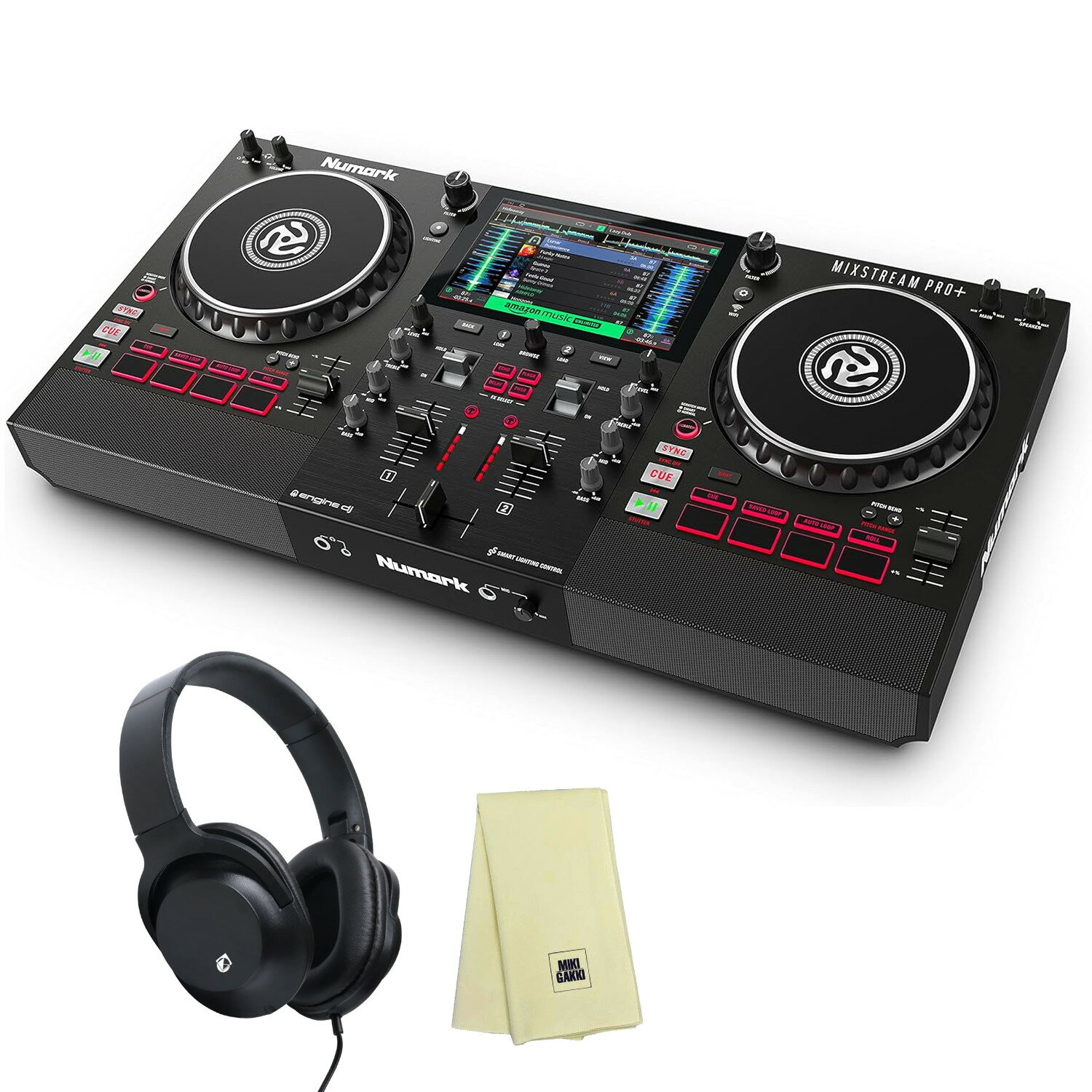 《セット内容》 ・Numark Mixstream Pro + ・ヘッドホン KHP-001 ・オリジナルクロス AMAZON MUSICストリーミング対応スタンドアローンDJコントローラー Mixstream Pro +はAmazon Music Unlimitedやその他の人気ストリーミングサービスと統合し、あらゆる音楽ジャンルの1億曲以上のCD品質の楽曲に即座にアクセスすることが可能。内蔵のWi-Fiと高速な楽曲分析機能により、事前に楽曲を所有したり準備したりすることなく、何時間も練習や演奏を続けることができます。楽曲データは読み込み時に内蔵メモリーにバッファリングされるため安定した再生が可能でライブやストリーミングでのパフォーマンス中に音が途切れることはありません。 ■■Mixstream Pro +の主な特長 ・Amazon Music Unlimited, TIDAL, Beatport, Beatsource, SoundCloud Go+, Dropbox等、主要な音楽ストリーミングサービスに接続するためのWi-Fiを内蔵 ・高品位なカスタムチューニングされたオンボードモニタースピーカー搭載（ボリュームコントロール付き） ・Philips HueおよびNanoleafスマートホームライティングとのワイヤレス接続により、オンビートで自動的なライトショーが可能 ・ラップトップを必要としないプロフェッショナルDJシステム「Engine DJ」内蔵 ・既存の音楽ライブラリを使用するためのUSB/SDカード入力端子搭載 ・Serato DJやVirtual DJのDJコントローラーとして使用できるコンピューター・モード ・マルチジェスチャー対応・7インチ・高精細タッチスクリーン ・6インチ・タッチキャパシティブ・ジョグホイールでは、Smartスクラッチモードが使用可能 ・4種類のFXとFXトグルを搭載 ・Main出力端子（バランス、XLR）、Main出力端子（アンバランス、RCA）、MIC入力端子（標準Phone）搭載 ■臨場感あふれる内蔵スピーカー 高品質の内蔵モニタースピーカーは専用のボリュームコントロールを備え、カスタムチューニングされたドライバーにより豊かで充実したサウンドを生み出し、カジュアルなリスニング以外にも、屋外のイベントや、家族や友人とのパーティに最適なサウンドソリューションです。また、プロフェッショナルDJの方にとっては、練習やライブ配信、ビデオコンテンツの制作、大型のサウンドシステムに接続した際のモニタリング用として便利なサウンドオプションとなります。 ■スマートホームをパーティーモードに設定 スタンドアローンDJコントローラーとして初めて高音質モニタースピーカーを内蔵したモデルです。自宅での練習やホームパーティ、屋外でのバーベキューなどの規模でのDJプレイなら、スピーカーをわざわざ用意する必要はありません。また、ライブ配信や動画コンテンツ作成などに使用する際にも、プレイをクリアな音質でモニターすることができます。 ■クリエイティブなDJプレイを実現する豊富な機能 Mixstream Pro +は、Phillips HueおよびNanoleafスマートホーム照明にワイヤレスで接続し、パーティーやライブ配信にダイナミックなビジュアルを簡単に演出することができます。内蔵されたEngine Lightingコントロールを使用すれば、Philips Hueの照明ハブやNanoleafシステムに接続するのもわずか数回のタップで完了します。接続すると、スマート照明が自動的に曲に合わせて色や明るさが瞬時に変化し、表示されるライティング・アプリケーションを使えば、色の選択やストロボの制御なども操作することができます。ライトはクロスフェーダー、ボリュームコントロール、スクラッチの動きにも反応し、臨場感あふれるオーディオ/ビジュアル体験を実現します。 ■高度な照明の統合と制御 SoundSwitchデスクトップソフトウェアで音楽ライブラリを事前解析し、USBメモリやSDカード、Dropboxクラウドにライブラリをエクスポートすることで、Mixstream Pro +のタッチスクリーンを使ってDMX照明をフルコントロールが可能となります。この機能により、ラップトップやDMXコントローラーを持参することなく、イベントやギグでプロフェッショナルなライティングを簡単に演出することができます。 ■ラップトップ不要の自由なパフォーマンスを実現 Mixstream Pro +は、2つのUSB入力と1つのSDカードスロットを備えており、選曲やライブラリーのキュレーションに最適です。デスクトップDJソフトウェア「Engine」を使ってSerato、rekordbox、iTunesから素早くプレイリストを準備し、USBメモリやSDカードにエクスポートし、Mixstream Pro +に挿入すれば、ラップトップやコンピュータ必要とせずDJパフォーマンスが可能です。 ■複数のDJパフォーマンスオプション Engine DJ OSを使用したスタンドアローンモードでのDJプレイに加え、Mixstream Pro +のコンピューターモードでは、Serato DJやVirtual DJのDJソフトウェアコントローラーとして使用できます（Serato DJ Liteは無償対応、Serato DJ ProおよびVirtual DJは有償ライセンスが必要）。コンピューターモードでは、Mixstream Pro +のタッチスクリーンでライブラリのナビゲーションや選曲、FXコントロールなどを手元で操作することができます。この柔軟性により、事前に次のショーでどのようなパフォーマンスをするか準備することができます。 ■音楽の創造性を高める究極のコントロール 直感的に操作可能なレイアウトと7インチの高解像度タッチスクリーンにより、これまでにないほどスムーズに音楽をブラウズ、ロード、プレイすることができます。4つの内蔵エフェクト（ECHO、FLANGER、DELAY、PHASER）は、トグルスイッチでトリガーすると、ビートに合わせたタイミングで動作します。また、大型のフィルター・ノブと3バンドEQは、低音から中音、高音まで自在にコントロールでき、ドラマチックなミックスやブレンド、トランジションを作り出せます。 6インチの大型タッチセンシティブ・プラッターでは、SMART SCRATCH機能により、簡単にスクラッチを行うことができ、スクラッチ後も音楽は常にビートを刻みます。8個の2層式パフォーマンス・パッドは、4つのパッド・モード（CUE, SAVED LOOP, AUTO LOOP, ROLL）でライブミキシングに無限の可能性を与え、音楽の創造性を最大限に引き出します。進化し続けるENGINE DJはDJの創造性とDJパフォーマンスをさらに向上させていきます。 ■技術仕様 接続端子： 「オーディオ出力」 (1) XLR 出力 (メイン左/右、バランス) (1) RCA 出力 (メイン左/右、アンバランス) (1) 1/4” (6.35 mm) ステレオ出力 (ヘッドフォン) (1) 1/8” (3.5 mm) ステレオ出力 (ヘッドフォン) 「オーディオ入力」 (1) 1/4” (6.35 mm) マイク入力 「その他」 (2) USBポート (Type A) (1) USBポート (Type B) (1) SDカードスロット (1) 電源ポート オーディオ： 「メイン出力」 周波数特性： 20 Hz - 20 kHz +/- 1 dB ダイナミック・レンジ： > 114 dB (A特性) 信号対雑音比：> 94dB以上（A特性） 「ヘッドルーム」 マイク：> 16 dB 出力：> 16 dB チャンネルセパレーション： 「T.H.D.」 ライン： マイクロフォン： 「スピーカー」 周波数応答： 20 Hz - 20 kHz +/- 1 dB 「アナログ入力」 マイク：-40 dBu（ユニティー）/ -60 dBu（最小） 「アナログ出力」 マスター，バランス：+20 dBu（最大）/ +4 dBu（ユニティー） マスター，アンバランス：+16 dBu（最大）/ 0 dBu（ユニティー） ヘッドフォン出力： 電源： 接続: DC、センタープラス / 電圧: 12.0 V 3.0 A 外形寸法（幅×奥行き×高さ）：幅×奥行き×高さ：566 x 284 x 74 mm 重量：3.68 kg関連商品Numark ヌマーク Mixstream Pro + スタンドアロー...Numark ヌマーク Mixstream Pro + スタンドアロー...108,000円114,600円Numark ヌマーク Mixstream Pro Go スタンドアロ...Pioneer 4CH DJコントローラー DDJ-FLX6-GT +...138,999円102,300円Numark ヌマーク Mixstream Pro Go スタンドアロ...Pioneer 4CH DJコントローラー DDJ-FLX6-GT +...137,999円101,200円