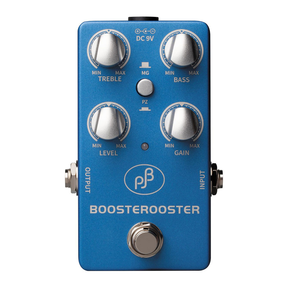 ベースサウンドを瞬時に強化するコンパクトなプリアンプ/ブースター Boosterooster（ブースタールースター）は、ベース本来のキャラクターを活かしながら、必要な押し出しと音色補正を加えられるコンパクトペダルです。 GAINとLEVELを独立して装備し、さらにTREBLE / BASSによるシンプルかつ実用的なEQを搭載。ステージでもスタジオでも、求める存在感に素早くアクセスできます。 また、PZ/MG切替スイッチを備え、使用するピックアップや楽器に応じた入力特性の選択が可能。エレクトリックベースはもちろん、ピエゾ系ピックアップを使用する楽器にも対応する設計です。 PE-2は、過度にキャラクターを付加するのではなく、演奏者と楽器が持つ個性を引き出しながら、必要なブーストと補正を行うための一台です。 ●コンパクトで高い実用性 コンパクトな筐体に、必要十分なコントロールと入出力を凝縮。ペダルボードへの組み込みもしやすく、常時ONのプリアンプとしても、ここ一番のブースターとしても活躍します。 ●シンプルで実践的な4コントロール TREBLE、BASS、LEVEL、GAINの4ノブ構成により、低域と高域の補正、出力レベル調整、ゲイン設定を直感的に操作可能。複雑すぎない操作系で、現場でも素早いサウンドメイクを実現します。 ●PZ / MG切替で幅広い楽器に対応 PZ（Piezo）/ MG（Magnet）切替スイッチを装備。マグネティックピックアップ搭載のエレクトリックベースから、ピエゾピックアップ系の楽器まで、入力に応じた使い分けが可能です。 ＜Controlls＞ 1. TREBLE： 楽器入力信号に対する高音域の調整をします。 2.BASS： 楽器入力信号に対する低音域の調整をします。 3. LEVEL： 出力レベルを調節します。 4. GAIN： 出力レベルを調節します。 5. DCジャック： 電源アダプターを接続します。9Vから18Vまで対応。 6. インプット・インピーダンス・スイッチ： MG : 通常のエレクトリックベースなどマグネティックピックアップ用 PZ : ウッドベース用ピックアップなどのパッシブピエゾピックアップ用 7. アウトプット・ジャック： 出力用フォンジャックです。 8. インプット・ジャック： 入力用フォンジャックです。 9. フットスイッチ： ON/OFFを切り替えます。トゥルーバイパス仕様です。 《仕様》 ■Model ：Boosterooster ■Number：PE-2 ■入力インピーダンス：PZ=4.7MΩ , MG=2MΩ ■ゲイン幅：-6dB to +18dB ■EQ：BASS(60Hz)+/-12dB, TREBLE(6KHz), +/-12dB ■入力端子：1/4"インプット ■コントロール：GAIN, LEVEL ■スイッチ：PZ-MGスイッチ, ON/OFFフット・スイッチ ■出力端子：1/4"アウトプット ■電源端子：DC9V-18V（1A, センターマイナス仕様） ■消費電流：100mA ■サイズ：60(W) x 52.5(H) x 112(D)mm ■重量：209g関連商品BOSS ボス BB-1X [Bass Driver] ベース・ドライ...BOSS ボス BB-1X [Bass Driver] ベース・ドライ...24,200円26,950円shin’s music シンズ ミュージック MIGHTY BOO...E.W.S. Stormy Bass Drive [ SBD ] ベ...24,200円19,800円Xotic Super Sweet BoosterBOSS ボス BD-2W Blues Driver (技 WAZA ...24,200円24,750円BOSS ボス BD-2W Blues Driver (技 WAZA ...《在庫あり 直送可能》NUX MLD Bass Preamp + DI...25,300円26,400円BOSS ボス ODB-3 [Bass OverDrive] ベース ...BOSS ボス GEB-7 [Bass Equalizer] ベース...16,500円17,600円