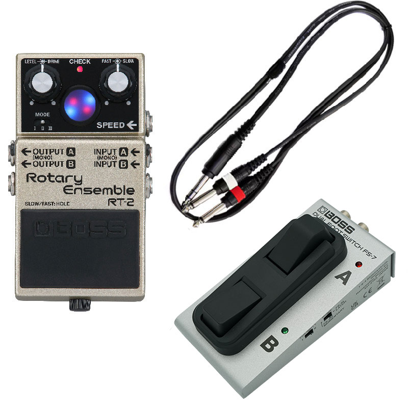 《セット内容》 ・BOSS RT-2 Rotary Ensemble ・BOSS FS-7 B DualFootswitchx1 ・フットスイッチ用汎用Y字ケーブル1m FAST/SLOW の切り替えや、ローターの回転を徐々に減速させ停止させるBRAKE 機能も独立して使用可能になるフットスイッチとのお買い得セット！ 3タイプのロータリー・エフェクトと柔軟な操作性を兼ね備えたコンパクト・ペダル RT-2 は、ヴィンテージ・ロータリー・スピーカーのサウンドを備えたコンパクト・ペダルです。ロータリー・スピーカーにより生み出される特徴的な揺れと豊かな空間的な広がりを細部にまで再現しています。クラシックなロータリー・サウンドに加え、オリジナルの音色を含む3タイプを搭載。さらに、コンパクト・ペダルのシンプルな操作性で、ロータリー・エフェクトに求められる数多くの機能をコントロールできます。RT-2 はロータリー・サウンドの愛好家だけでなく、新たな空間表現を模索するプレイヤーにもインスピレーションを届けます。 ●ロータリー・エフェクトに求められるサウンドと機能をコンパクト・ペダルで実現 ●ヴィンテージ・ロータリー・スピーカーのサウンドから、より音の広がりを強調したサウンドまで、新規開発したタイプを搭載 ●真空管アンプによるサチュレーションを加えるDRIVE ノブ ●ローターの回転速度を視覚的に確認できるバーチャル・ロータリー・ディスプレイ ●ローターの回転速度をFAST とSLOW の2パターンで設定し、足元の操作で切り替え可能 ●回転速度を切り替える際のトランジション・スピードを選択できるRISE/FALL TIME スイッチ ●トレブル／ベース・ローターの音量バランスを調節可能 ●4つのペダルスイッチ・モードからエフェクトのオン／オフやローターの回転速度のコントロール動作を選択可能 ●ステレオ対応の入出力端子 ●別売りのフットスイッチもしくはエクスプレッション・ペダルを接続することで、FAST/SLOW の個別切り替えやBRAKE機能、割り当てたパラメーターのコントロールなどが可能 ■ロータリー・スピーカーをペダルボードへ ロータリー・エフェクトの起源は、1940 年代に登場したロータリー・スピーカーです。キャビネット内部に搭載されたローターを物理的に回転させることで、スピーカーから出力されるサウンドの定位が周期的に変化し、音量と音程に独特な揺らぎを生み出します。さらに、回転の停止や速度を切り替えることで生まれるリアルタイムな音色変化も魅力の一つです。RT-2 はこのユニークなロータリー・サウンドとその表現力を最大限に引き出す柔軟な操作性を、ペダルボードに最適なコンパクト・ペダルに凝縮しています。 ■表現力を余すことなく再現 ロータリー・スピーカーの物理的な仕組みが生みだす音楽的なサウンドとその挙動を、RT-2 は細部にまで再現しています。回転速度をFAST とSLOW ノブから2 パターン設定でき、中央のバーチャル・ロータリー・ディスプレイで視覚的にスピードを確認できます。また、FAST とSLOW の状態はペダルスイッチの操作で切り替えられます。RT-2 は回転速度を切り替えた際にローターが加速もしくは減速することによって生まれる音色変化も再現しており、 背面のRISE/FALL TIME スイッチでトランジション・スピードを2 パターンより選択できます。 ■3タイプのロータリー・エフェクト 温かみのあるトーンを特徴とするヴィンテージ・ロータリー・スピーカーの忠実な再現から、より広がりある揺れをもたらすオリジナルのチューニングを施したサウンドまで、RT-2 は3 タイプのモードを備えています。 - MODE I BOSS 最新のモデリング技術により、ヴィンテージ・ロータリー・スピーカーのサウンドを忠実に再現したモードです。その唯一無二のキャラクターをとらえ、温かみを持った、立体的で心地のいい揺らぎをもたらします。 - MODE II MODE I よりもワイド・レンジで明るいロータリー・エフェクトです。アンサンブルでの抜けのよさと、広がりのある揺らぎを両立しました。歪みペダルなど、他のペダルとの組み合わせにも秀でています。 - MODE III MODE II の音抜けの良さはそのままDRIVEの可変幅を拡張し、オリジナルでは成し得ない深い歪みまで作り出します。また、強い回転感も特徴です。激しい揺れと歪みの中でも輪郭を保ったサウンドは、インパクトのあるギター・ソロや、印象的なアルペジオなど、表現の幅を大きく広げます。 ■2つの機能を持つDRIVE ノブ ヴィンテージのロータリー・スピーカーは、内蔵された真空管アンプによる独特なサチュレーションも特徴のひとつです。 RT-2では、このサウンドに着想を得た心地よい歪みを、DRIVEノブで加えることができます。飽和感のあるロータリー・エフェクトや、歪みとうねりが組み合わさった存在感あるリード・トーンを作り出すことも可能です。また、背面のスイッチをBALANCE に切り替えると、DRIVEノブでトレブル／ベース・ローターの音量バランスを設定できます。サウンドを追い込むための微調節や、大胆なセッティングにしてローファイなテイストに仕上げることも可能です。 ■柔軟なリアルタイム・コントロール 回転速度をリアルタイムでコントロールすることで生まれる多彩な空間演出は、ロータリー・エフェクトならではの表現力です。RT-2では、本体のペダルスイッチだけでエフェクトのON/OFF やFAST/SLOW の切り替えが可能です。ペダルスイッチの動作モードは4タイプから選べるため、演奏スタイルに応じた最適な操作が行えます。さらに、別売りのフットスイッチを追加すれば、FAST/SLOW の切り替えを独立して操作できるほか、ローターの回転を徐々に減速させ停止させるBRAKE 機能も使用可能になります。また、エクスプレッション・ペダルを追加すれば、割り当てたパラメーターを足元で自在にコントロールすることができます。 《主な仕様》 ●サンプル・レート：48kHz ● AD 変換：24 ビット＋ AF 方式　※ AF 方式（Adaptive Focus method）はAD コンバーターのSN 比を飛躍的に向上させるローランド／ボス独自の方式です。 ● DA 変換：32 ビット ●規定入力レベル　INPUT A（MONO）、INPUT B：-20dBu ●最大入力レベル　INPUT A（MONO）、INPUT B：+7dBu ●入力インピーダンス　INPUT A（MONO）、INPUT B：1M Ω ●規定出力レベル　OUTPUT A（MONO）、OUTPUT B：-20dBu ●最大出力レベル　OUTPUT A（MONO）、OUTPUT B：+7dBu ●出力インピーダンス　OUTPUT A（MONO）、OUTPUT B：1k Ω ●推奨負荷インピーダンス　OUTPUT A（MONO）、OUTPUT B：10k Ω以上 ●バイパス：バッファード・バイパス ●コントロール：SLOW つまみ、FAST つまみ、DRIVE つまみ、LEVEL つまみ、MODE スイッチ、ペダル・スイッチ、RISE/FALL TIME スイッチ、DRIVE　KNOB スイッチ ●インジケーター：CHECK インジケーター（バッテリー・チェック、SLOW/FAST 切り替え兼用）、VIRTUAL ROTOR ●接続端子　INPUT A（MONO）、INPUT B、OUTPUT A（MONO）、OUTPUT B 端子：標準タイプ、SPEED 端子：TRS 標準タイプ、DC IN 端子 ●電源：アルカリ電池（9V 形）、AC アダプター（別売） ●消費電流：115mA ●連続使用時の電池の寿命　アルカリ電池：約2.5 時間　※使用状態によって異なります。 ●外形寸法：73（幅）× 129（奥行）× 59（高さ）mm ●質量（乾電池含む）：450g ●付属品：保証書、チラシ（安全上のご注意、使用上のご注意、お問い合わせの窓口）、アルカリ電池（9V 形）；本体に接続済み ●別売品　AC アダプター：PSA-100、フットスイッチ：FS-5U、デュアル・フットスイッチ：FS-6 / FS-7、 　　　　　エクスプレッション・ペダル：FV-500H / FV-500L / EV-30 / Roland EV-5 ※仕様およびデザインは改良のため予告なく変更することがあります。関連商品BOSS ボス RT-2 Rotary Ensemble + FS-...BOSS ボス RT-2 Rotary Ensemble + FS-...39,930円43,780円BOSS ボス RT-2 Rotary Ensemble + FS-...MXR MX100 ROCKMAN X100 ANALOG TONE...43,780円42,900円BOSS ボス RV-500 Reverb リバーブBOSS ボス RT-2 Rotary Ensemble39,600円31,900円《セット内容》 ・BOSS RT-2 Rotary Ensemble ・BOSS FS-7 B DualFootswitchx1 ・フットスイッチ用汎用Y字ケーブル1m