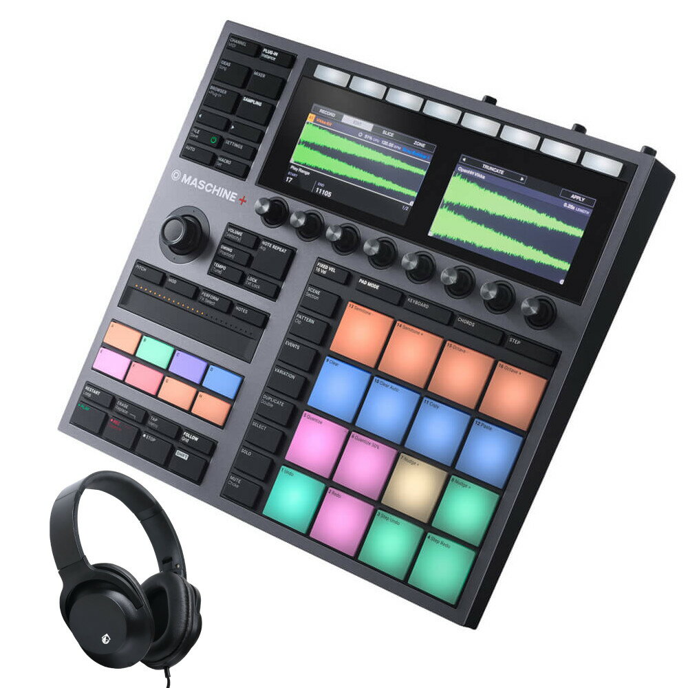 《セット内容》 ・Native Instruments MASCHINE+ x1 ・KIKUTANI ヘッドホン KHP-001 x1 DO IT STANDALONE スタンドアローンであれば、より集中して、より自由に多くの音楽を作ることができます。最初のアイデアからトラックの完成まで、プラグインして電源を入れれば、すぐに制作を始めることができます。エフェクトを追加してサウンドを微調整したり、オーディオをサンプリングして自分のものにしたり、創造力を発揮できるようにデザインされた直感的なインターフェースが独自のアレンジを可能にします。作ったアイデアをDAWに移行したい場合は、保存したコピーをコンピューターのMASCHINEソフトウェアで起動させれば、同じ場面から再開できます。 9 INSTRUMENTS, 35 EFFECTS, AND THOUSANDS OF SOUNDS ON BOARD MASCHINE+には、定番のグルーヴボックスワークフローに加えて、MASCHINE+ Selectionが使用可能です。9種類のシンセとサンプリングされたインストゥルメント、35種類のエフェクト、7つのエクスパンション (お好みの2種類を含む) からなる専用パッケージで、スタンドアローン・モードでもシームレスに動作します。MASSIVE、FM8、MONARK、PRISM、MASCHINE Factory Selection、RAUM、PHASISなどの人気の製品が付属。すなわち、16個のパッドは、ダスティーなビンテージドラムキット、歪んだウェーブテーブルリード、オーガニックなモーダルシンセなど、サウンドデザインのスキルを磨けば、無限にサウンドを生み出すことが可能です。 MADE TO BE PLAYED 指でビートを刻んだり、アルペジエーターを起動させたり、シンセのメロディをリアルタイムで調整したり、音楽を直感的にコントロールし、ライブパフォーマンスに真の表現力をもたらします。MASCHINE+には、直感的なライブシーケンサー、本格的なグルーヴボックス、強力なパフォーマンスシンセサイザーが全て揃っています。 新機能 CLIPS Clipsを使うとアイデアをさらに自由にアレンジできます。シーンの間にトランジションを作成したり、パターンにユニークなバリエーションを加えたり、フルアレンジにMIDIを直接レコーディングしたり、必要な場所にオーディオを自由に加えられます。アイデアを具現化したら、強力なツールMASCHINE+を使ってトラックを一気に完成させましょう。 CONNECT AND CONTROL YOUR SETUP 外部音源を再生したり、シーケンサーとして使用したり、さらにそれを録り込んだり、またエフェクトを使って外部オーディオをリアルタイムで操作することができます。MASCHINE+は、MIDI、LINE、MIC INPUTを使って、その他のセットアップをコントロール、ミックス、操作し、すべてを瞬時にまとめることができます。また、コンピュータで作業を行う場合は、定番のMASCHINEコントローラーとしても機能します。 SYNC AND ADD SOUNDS WIRELESSLY MASCHINE+はWi-Fiに対応しているので、コンピューターがなくてもボタンを押すだけで、新しいサウンド、インストゥルメント、エフェクトをインストールすることができます。仲間とジャムしたり、ライブでパフォーマンスするときは、Ableton Linkを使えば、他の音楽アプリやDAW、互換性のある機材と、容易に同期することができます。 ■主な特徴 ◎制作に集中できるスタンドアローンモード　 ビートやメロディーの作成、サンプリング、トラックのアレンジ、ステージでのパフォーマンスやスタジオでの作業に最適 ◎MASCHINE+ Selection付属　 業界をリードするインストゥルメント、サウンド、エフェクト、および定評のあるDrum SynthとBass Synth、エフェクトを収録 ◎クアッドコアCPUと4GBメモリ搭載　 素早くシームレスな作業を実現 ◎プログレードの44.1kHz/32-bit オーディオインターフェイス*搭載 1/4”TRSライン出力 x2、1/4”TRSライン入力 x2、1/4”ダイナミックマイク入力、ステレオヘッドフォン出力、MIDI IN/OUT x1、フットスイッチ x1、MIDIコントローラーと外付けHDD用のUSBポート x2 ◎アルマイト加工のアルミを使った強固なデザイン　 長期間のツアーやスタジオでの使用に最適 ◎MASCHINEを象徴する機能とワークフロー　 ベロシティー対応のパッド、MASCHINEエフェクトとプラグイン、スウィング、パッドリンク、ノートリピート、ステップシーケンサー、ビンテージサンプラーのエミュレーションを装備 ◎スタンドアローンモード、およびコントローラーモード　 スタジオではコンピューターと接続しコントローラーモードとして使用し、ライブパフォーマンス時のようなDAWを省く環境ではスタンドアローンモードとして使用可能 ◎Wi-FiとLinkに対応　 製品のインストールやアップデート、友人とのコラボレーション、他の機材との同期をワイヤレスで実行可能 * コントローラーモード時は96kHz/24-bit ■ハードウェア仕様 ●クアッドコアプロセッサー ●4GB デュアルチャンネル DDR3L メモリー ●32GB のeMMC内蔵フラッシュメモリー (OSとファクトリーコンテンツに利用) ●2つのカラーディスプレイ (480 x 272) ●64GBのSDカード付属 ●Wi-Fi 対応 ■付属ソフトウェア ●MASCHINE+ Selection スタンドアローンモードおよびコントローラーモードでの使用に適した、音源、エフェクト、Expansionsの厳選パッケージ。 ●MASCHINE Factory Library 高品質なサウンド、ドラムキット、マルチサンプル音源、パターン、プロジェクト、スライスされたループを収録した8GBのライブラリと、詳細な設定とオートメーションが可能な5種類のドラムプラグインを収録。 ●インストゥルメント FM8、MASSIVE、MONARK、PRISM、REAKTOR Factory Selection R2、KONTAKT Factory Selection、RETRO MACHINES MK2 ●エフェクト RAUM、PHASIS ●Expansions DEEP MATTER、LILAC GLARE、SOLAR BREEZE、TRUE SCHOOL、VELVET LOUNGE (Expansionsを2つ追加できるE-バウチャー付属) ■システム要件 ◎スタンドアローンモード MASCHINE+はコンピューターなしでご使用いただけますが、設定にはWi-Fi環境とNative IDが必要です。 ◎コントローラーモード ・Mac OS X 10.14 または 10.15 (最新アップデート)、Intel Core i5、 4GB RAM ・Windows 10 (最新サービスパック、64-bit のみ)、Intel Core i5 または同等のCPU、4GB RAM、 USB 2.0 ポート、9GBのディスクの空き容量（MASCHINEソフトウェアとMASCHINE Library用）、24GBのディスクの空き容量（MASCHINE+ Selection用） ・対応インターフェイス: スタンドアローン、VST2 (64-bit)、Audio Units (64-bit)、AAX64、ASIO、CoreAudio、WASAPI ご注意:スタンドアローンとプラグインバージョンは64-bitネイティブ対応関連商品Native Instruments MASCHINE+《DTMerの...Native Instruments MASCHINE+ マシーンプラ...172,900円171,800円Roland ローランド SP-404MK2 Stones Throw...Roland ローランド サンプラー SP-404MK2...96,800円66,000円Roland ローランド サンプラー SP-404MK2 + SDカー...Roland ローランド サンプラー SP-404MK2 + SDカー...69,300円68,200円Roland ローランド サンプラー SP-404MK2 + SDカー...AKAI アカイ MPC Live II + ヘッドホン KHP-00...67,100円159,100円《セット内容》 ・Native Instruments MASCHINE+ x1 ・KIKUTANI ヘッドホン KHP-001 x1 MASCHINE+は、サンプラー、ドラムマシン、シンセサイザーにもなる、ステージ上の秘密兵器です。すなわち、あなたが求めるものがここには全て揃っています。ラップトップのことは忘れて、他の楽器とジャムしたり、豊富なサウンド、インストゥルメント、エフェクトを使って即座にビートを作りましょう。