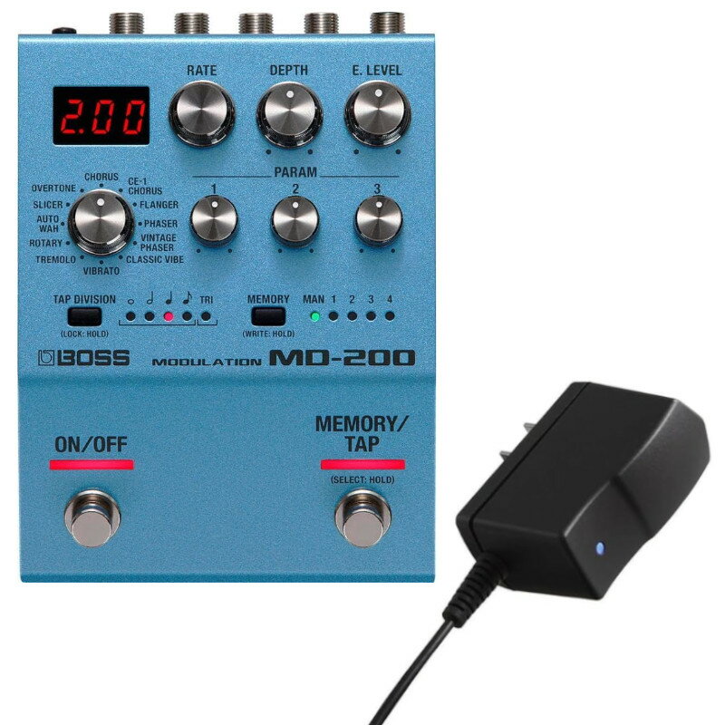 《セット内容》 ・MD-200 Modulation モジュレーション ・BOSS ACアダプター PSA-100S2 洗練されたボディにシンプルな操作と妥協なき音質を搭載したモジュレーション BOSSの200シリーズは、ペダルボードへのレイアウトを容易にするコンパクトなサイズ設計で、高品位なサウンドと高い汎用性を備えた次世代のペダルです。シンプルな操作性を実現したコントロール・ノブと多機能フットスイッチにより、直感的かつ簡単にサウンド・メイクを行うことができます。また、お気に入りのセッティングを即座に呼び出すことができるメモリー機能も搭載。200シリーズはすべてのモデルにおいて、内部演算32bit float（浮動小数点）の高度な演算処理によるクラス最高峰の音質を実現しました。外部フットスイッチやエクスプレッション・ペダル、MIDI接続によるコントロール機能も充実しています。 MD-200 Modulation は、フラッグシップ・モデル MD-500 のアルゴリズムを継承した高品位なモジュレーション・ペダルです。コンパクトな筐体に12 種類のモードを搭載し、様々なモジュレーション効果を得ることができます。本体パネルにはRATE、DEPTH、E. LEVEL といった主要なパラメーターのノブに加え、モードによって操作パラメーターが変化するPARAM ノブを3 つ搭載。直感的なサウンド・メイクを実現しました。また、RATE はフットスイッチでのタップ入力にも対応しており、拍子の変更も本体パネル上の専用スイッチで即座に対応可能です。さらに、サウンド・メイクの可能性を広げるインサート機能も搭載。お気に入りのペダルをインサート接続すると、MD-200 のエフェクトを接続したペダルの前段にかけるか、後段にかけるかの選択ができます。 Version 1.1 Update：ユーザー・メモリー数の拡張 Version 1.1アップデートにより、200シリーズのフレキシビリティがさらに向上します。内蔵メモリーが強化され、ユーザー・メモリー数が127へと大幅に拡張。保存したメモリーは、ペダル・スイッチから素早くアクセスができ、また外部MIDI機器からプログラム・チェンジによりダイレクトに呼び出すことも可能です。 ●サンプリング・レート96kHz、AD/DA変換32bit、内部演算32bit float（浮動小数点）の高度な演算処理によるクラス最高峰の音質 ●12種類のバリエーション豊かなモジュレーション・エフェクトを搭載 ●RATE、DEPTH、E. LEVEL のノブに加え、各モードに最適化された3つのPARAM ノブを装備 ●外部エフェクトをモジュレーション・エフェクトの前段もしくは後段に配置して使用できるインサート・ループ機能 ●作成した音色の保存が可能な127のユーザー・メモリー ●フットスイッチ、またはMEMORYボタンから、指定された範囲のメモリーとマニュアル・セッティングを呼び出し可能 ●FLANGER、PHASER、AUTO WAHは、ギター／ベースそれぞれの特性に最適化が可能 ●演奏中の誤操作を防止するパネル・ロック機能 ●エフェクトのON/OFF、タップ・テンポ、メモリー選択など、機能を自由に割り当て可能なフットスイッチ ●外部フットスイッチやエクスプレッション・ペダル、MIDI制御のための充実したコントロール端子を搭載 ●MIDI端子（ステレオ・ミニ・タイプ）を搭載（別売BMIDI-5-35ケーブルを使用） ●ファーム・アップデート用のMicro USB端子 ●別売のACアダプターPSA-100S、または単三電池3本による2電源方式を採用 ▼12種類の即戦力モジュレーション MD-200は、コンパクトな筐体に12種類の高品位なモジュレーション・エフェクトを搭載しており、ペダルボードの限られたスペースにもスムーズに導入することができます。PHASER、FLANGER、VIBRATO、TREMOLOに加え、BOSS最先端のCHORUSとビンテージのCE-1 CHORUSを搭載。VINTAGE PHASERとCLASSIC VIBEは、それぞれの効果に相性の良い歪みを加えることができる高い汎用性を備えています。また、ギター・サウンドにリズミカルなグルーヴを与えるSLICERや、新たな倍音を付加するOVERTONEを駆使し、オリジナリティあふれるサウンド・メイクも実現可能。AUTO WAHは、楽器にあわせて緻密な調整ができるだけでなく、エクスプレッション・ペダルを接続することでペダル・ワウとしても使用できるため、表現の可能性はさらに広がります。 ▼直感的に調節が可能なインターフェイス MD-200は、シンプルかつ直感的な操作性により、イメージしたサウンドを即座に作り上げることができます。RATE、DEPTH、E. LEVELノブでベースとなるモジュレーション・サウンドを構築。各モードで異なるパラメーターを変更する3つのPARAMノブでサウンド・キャラクターに色付けをすることにより、本体パネル上の操作だけでサウンド・メイクが可能です。各モードで割り当てられているパラメーター名は、RATEノブを押しながら回すことで画面に表示されます。また、RATEは、フットスイッチをタップしてリアルタイムに設定を変更することができます。拍子の変更もTAP DIVISIONボタンを押すだけで簡単に行えます。 ▼お気に入りの設定を保存／呼び出し MD-200で緻密にセットアップしたサウンドは、127のユーザー・メモリーに保存することができます。パネル上の設定を反映しているマニュアル・セッティングをあわせると、合計128のサウンドを切替えて演奏することが可能。本体のフットスイッチは、メモリーを順送りに切り替えるだけでなく、切替える範囲選定、メモリー番号を指定してダイレクトに呼び出すなど、プレイヤーのニーズに応じたアクションも設定できます。MIDIによるプログラム・チェンジが送受信可能なため、外部MIDIデバイスとの統合的なコントロールにも最適です。 ▼インサート接続について 一般的にAUTO WAHは歪みペダルの前段に、CHORUSは歪みペダルの後段に配置します。また、PHASERやFLANGERは歪みの前後どちらに設置するかによりサウンドが大きく変わります。MD-200はインサート・ループ機能により、外部エフェクトの接続位置を設定してメモリーごとに保存できるため、1台で柔軟なサウンド・メイクに対応することができます。 ▼柔軟性の高いリアルタイム・コントロール 本体のフットスイッチは、エフェクトのON/OFF、メモリーの切り替え、タップ・テンポの入力に加え、必要に応じて様々な機能を割り当てることができます。外部コントロールの拡張性も高く、フットスイッチやエクスプレッション・ペダルの増設により、モジュレーション・サウンドをさらに自由にコントロールすることが可能。また、省スペース設計のステレオ・ミニ端子のMIDI入出力を装備しているため、複数の200シリーズのメモリーを同時に切り替えたり、BOSSのEFFECTS SWITCHING SYSTEM ESシリーズを使用して統合的にコントロールすることもできます。 ▼MD-200　モジュレーション・モード ? Chorus：MD-500に搭載されているPrime Chorusのアルゴリズムを使用したBOSSの最先端コーラス ? CE-1：Chorus/Vibratoモードを含んだBOSS CE-1 Chorus Ensembleを再現 ? Flanger：MD-500に搭載されているPrime Flangerのアルゴリズムを使用したBOSSの最先端フランジャー ? Phaser：MD-500に搭載されているPrime Phaserのアルゴリズムを使用したBOSSの最先端フェイザー ? Vintage Phaser：70年代に生産されたスクリプト・タイプのフェイザーのサウンドをモデリング。同時に歪みを加えることも可能 ? Classic Vibe：Uni-Vibeのサウンドをモデリング。同時にファズの歪みを加えることも可能 ? Vibrato：ピッチに対しユニークな揺らぎ効果を与えるエフェクト ? Tremolo：音量を周期的に変えるエフェクト。ステレオ出力時に、左右に音が飛び交う効果を得られるPANへ切り替えも可能 ? Rotary：Slow/Fastが切り替えられる、ビンテージ・ロータリー・スピーカーの効果を与えるエフェクト ? Auto Wah：フィルターを周期的に変化させて、自動的にワウ効果を得ることができるエフェクト ? Slicer：BOSS SL-20をルーツとする、サウンドを周期的にカットして多彩なスライス・パターンを作り出すエフェクト ? Overtone：BOSS独自のMDP技術により設計された、新たな倍音を生み出して音に厚みを加えるエフェクト 主な仕様 ●サンプリング周波数 96kHz ●AD、DA 変換 32 ビット ●内部演算 32 ビット浮動小数点 ●モード12 種類 CHORUS、CE-1 CHORUS、FLANGER、PHASER、VINTAGE PHASER、CLASSIC VIBE、VIBRATO、TREMOLO、ROTARY、AUTO WAH、SLICER、OVERTONE ●メモリー 4 ＋マニュアル ●規定入力レベル　INPUT A/MONO、B: -10dBu ●最大入力レベル　INPUT A/MONO、B: +7dBu ●入力インピーダンス INPUT A/MONO、B：2M Ω ●規定出力レベル　OUTPUT A/MONO、B: -10dBu ●最大出力レベル　OUTPUT A/MONO、B: +7dBu ●出力インピーダンス　OUTPUT A/MONO、B: 1k Ω ●推奨負荷インピーダンス OUTPUT A/MONO、B: 10k Ω以上 ●バイパス バッファード ●コントロール ON/OFF スイッチ、MEMORY/TAP スイッチ、MODE、RATE、DEPTH、E. LEVEL、PARAM 1、PARAM 2、PARAM 3、TAP DIVISION ボタン、MEMORY ボタン ●ディスプレイ 7 セグメント3 桁（LED） ●インジケーター TAP DIVISION インジケーター、MEMORY（MAN、1 〜 4）インジケーター ●接続端子 INPUT（A/MONO、B）、OUTPUT（A/MONO、B）端子 標準タイプ、CTL 1， 2/EXP 端子 TRS 標準タイプ、MIDI（IN、OUT）端子 ステレオ・ミニ・タイプ、DC IN 端子、USB 端子 USB マイクロB タイプ（プログラム・アップデートのみ） ●電源 アルカリ電池（単3 形）× 3、AC アダプター（別売） ●消費電流 225mA ●連続使用時の電池の寿命 アルカリ電池：約4 時間　※使用状態によって異なります。 ●外形寸法 101（幅）× 138（奥行）× 63（高さ）mm（ゴム足を除く） 101（幅）× 138（奥行）× 65（高さ）mm（ゴム足を含む） ●質量 610g ※電池含む680g ●付属品 取扱説明書、「安全上のご注意」チラシ、アルカリ電池（単3 形）× 3、ゴム足× 4、保証書、ローランド ユーザー登録カード ●別売品 AC アダプター：PSA-100S フットスイッチ：FS-5U デュアル・フットスイッチ：FS-6 / FS-7 エクスプレッション・ペダル：FV-500H / FV-500L / EV-30 / Roland EV-5 MIDI/TRS コネクティング・ケーブル：BMIDI-5-35 ※ 0dBu ＝ 0.775Vrms ※仕様およびデザインは改良のため予告なく変更することがあります。《セット内容》 ・MD-200 Modulation モジュレーション ・BOSS ACアダプター PSA-100S2