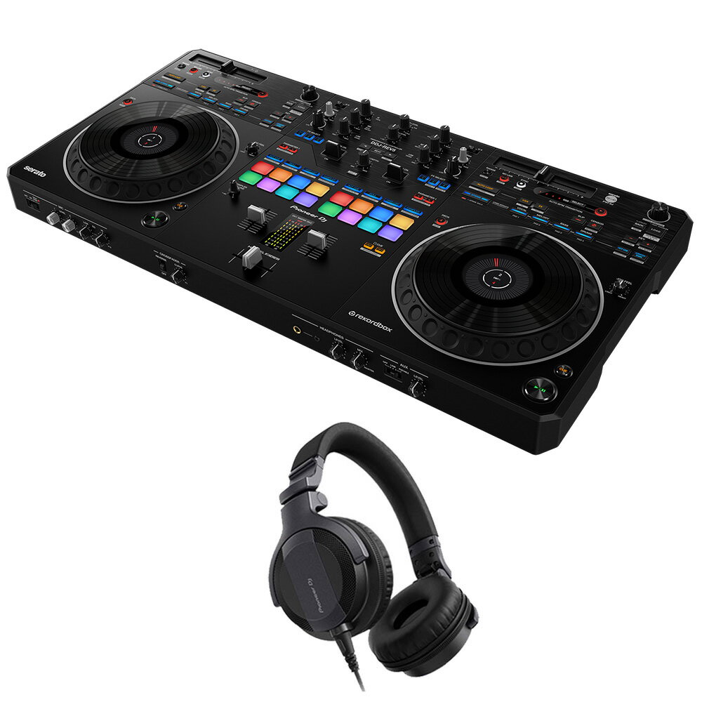 《商品内容》 ・DJコントローラー Pioneer DDJ-REV5 ×1 ・ヘッドホン Pioneer HDJ-CUE1 ×1 ●ダイナミックなスクラッチを実現する大型サイズジョグとMAGVEL FADER 応答性と信頼性が高く操作性に優れた「CDJシリーズ」の大型ジョグを搭載し、中央部のディスプレイで再生位置情報を一目で把握することが可能です。 また、JOG FEELを搭載しているため、好みに合わせてジョグの負荷を微調整することで、最適な操作感で演奏できます。さらに、MAGVEL FADERは、どんなに細かい動きにも対応し、スクラッチパフォーマンスを限界まで引き出します。 ●世界中のオープンフォーマットDJに愛される、パフォーマンスに最適なレイアウト 世界中のオープンフォーマットDJに高く評価されているターンテーブル「PLXシリーズ」およびDJミキサー「DJM-Sシリーズ」のレイアウトを踏襲しています。デッキ上部に水平に配置されたTEMPO SLIDERと、PERFORMANCE PADSとLEVER FXがフェーダー近くに配置されたレイアウトにより、スクラッチとパッドやエフェクト演奏を融合させたダイナミックなパフォーマンスを可能にします。 ●専用のSTEMSボタンによる斬新なライブマッシュアップでクリエイティブなパフォーマンスを実現 Serato DJ Proが提供するSTEMS機能を使えば、VOCAL/MELODY/BASS/DRUMSの4パート（rekordboxの場合は、VOCAL/INST/DRUMS）を個々に即座に操作し、クリエイティブなライブマッシュアップやリミックスを生み出すことができます。 ・STEMS MUTE/SOLO 選択したパートだけをミュート／アクティブにすることで、マッシュアップの多彩な表現を可能にします。 ・STEMS SEPARATE 特定のパートだけを異なるデッキに分離してスクラッチしたり、STEMを選んで分離し、その部分だけにエフェクトをかけることが可能です。 ・STEMS LEVEL EQノブにSTEMS機能を割り当て、パートごとに音量調整ができます。 STEMS機能によって分離されたパートを、DECK MOVE機能やDUAL DECK機能と組み合わせて使用できます。 ●BPMに縛られない選曲を可能にする新機能AUTO BPM TRANSITION 新機能のAUTO BPM TRANSITIONにより、BPMが大きく離れたさまざまなジャンルの楽曲同士をシームレスにミックスすることが可能になりました。AUTO BPM TRANSITION STARTボタンを押すだけで、あらかじめ設定された小節数で他方のデッキのBPMにスムースに遷移します。また、トランジション開始時に適用されるSTEMS、AUTO LOOP、KEY LOCKを設定でき、ビート感の無いスムースなトランジションやループを組み合わせたパワフルなトランジションを演出できます。TEMPO SLIDERの操作から解放されることで、エフェクトの操作や次の楽曲の準備など、より創造性に満ちた演奏に専念することができます。 ●より音楽的でクリエイティブなパッド演奏が楽しめる新機能PIANO PLAYモード PITCH PLAYをよりクリエイティブにする新機能PIANO PLAYモードを搭載しました。16個のパッドをピアノの鍵盤に見立て、下段に白鍵、上段に黒鍵を配した1オクターブ分の音階が、HOT CUEを起点にPERFORMANCE PADSに配置されます。3種類のスケールモードを切り替えることができるので、音楽知識やピアノスキルが無い方でも、より気軽にPITCH PLAYを楽しめるようになりました。 ●豊富な入出力とスムースなDJ交代を可能にする2系統のUSB Type-C端子を搭載 プロフェッショナルな現場にも対応できるXLRマスターアウトを含む豊富な入出力端子を搭載し、本格的かつ多様性に富んだシステムを構築することが可能です。また、PC/Mac接続用のUSB Type-C端子を2系統搭載しており、本体の切り替えスイッチを操作するだけでDJ交代が簡単に行えます。 ●オープンフォーマットDJの定番DJソフトウェア Seraro DJ Proとrekordboxに両対応 Serato DJ Proとrekordboxの両方に対応しているため、お好みのDJソフトウェアでプレイすることができます。また、最新版のDJソフトウェアをインストールしたPC/Macと本機を接続するだけで、すぐに演奏が始められます。付属されている「Serato Pitch 'n Time DJ Expansion Pack」をアクティベートすれば、KEY SHIFTやKEY SYNCなどの機能が高音質で利用できます。 ●USB Type-C PC/MacとDJコントローラーのUSB Type-C端子をケーブル1本で直接接続できます。 ●PERFORMANCE PADS搭載 HOT CUES, PAD FX, BEAT JUMP, SAMPLER, KEYBOARD, BEAT LOOP や KEY SHIFTをコントロールすることができます。 ●Pitch'n time DJバウチャー同梱 Serato DJ社の Expansion Packのバウチャーコードをアクティベートすれば、クリエイティブなプレイを可能にする様々な機能を無料で利用することができます。 《仕様》 対応ソフトウエア： ・Serato DJ Pro ・rekordbox システム要件 ・Serato DJ Pro、rekordboxのシステム要件はメーカーHPをご参照ください。 付属品 ・電源コード ・ACアダプター ・USBケーブル (C to C) ・Serato DJ Pro Expansion Pitch’n Time DJバウチャー ・クイックスタートガイド ・使用上のご注意 再生周波数帯域：20 - 20000 Hz サイズ：幅736mm??高さ73.4mm??奥行き377.2mm 本体質量：6.2kg サウンドカード：24 bit/48 kHz S/N比：110 dB 全高調波歪率：0.003 %以下 (USB) 消費電流：DC5V、3000mA チャンネル数：2 DECKコントロール：4 / (2デッキ切替) TRIMノブ：はい ジョグサイズ (最大外形寸法)：206 mm Feeling Adjust：はい Filter fade：はい Beat FX：はい Sampler：8slot x 4bank Hot Cues：8 Manual Loop：はい Auto Loop/Auto Beat Loop：はい Beat Jump：はい Slip Mode：はい Talkover Function：はい Key Sync：はい 入力端子 ・2MIC (XLR & 1/4 inch TRS Jack, 1/4 inch TRS Jack) ・1AUX (RCA) 出力端子 ・2MASTER (XLR, RCA) ・1BOOTH (1/4 inch TRS Jack) ・2PHONES (1/4-inch stereo jack, 3.5-mm stereo mini-jack) USB：3USB C端子 (PC/Mac接続 ×2, 電源供給 ×1) 関連商品Pioneer DJコントローラー DDJ-REV5 + ヘッドホン ...Pioneer DJコントローラー DDJ-REV5 + PCスタンド...162,800円161,700円Pioneer DJコントローラー DDJ-REV5 + ヘッドホン ...Pioneer DJコントローラー DDJ-REV5 《rekordb...160,600円159,500円Pioneer DJコントローラー DDJ-REV5 + ヘッドホン ...Pioneer 4CH DJコントローラー DDJ-FLX6-GT +...189,200円121,000円Pioneer 4CH DJコントローラー DDJ-FLX10 + P...Pioneer 4CH DJコントローラー DDJ-FLX10 + ヘ...232,100円232,100円