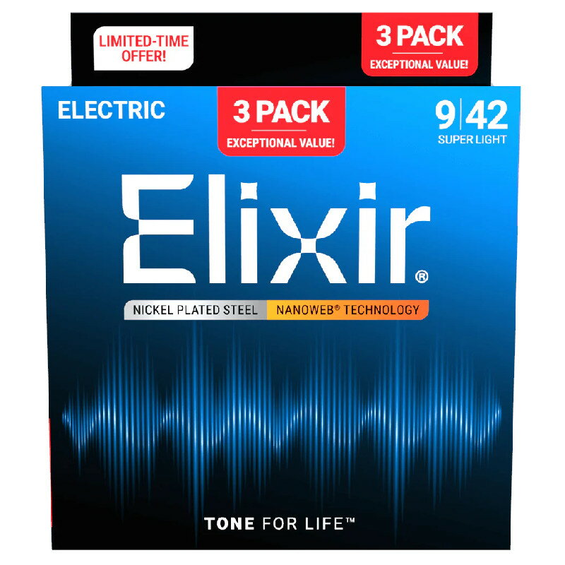 Elixir エリクサー 3-Pack Nickel-Plated Steel Electric Strings 16566 ( 12002 ) Super Light (.009-.042) NANOWEB x 3 Pack エレキギター弦 限定パック