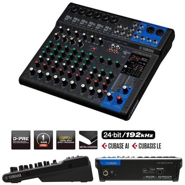 クラス最上位の音質と耐久性を併せ持つコンパクトミキサーです 最大6 Mic / 12 Line入力（6 モノラル＋3 ステレオ） / 1 ステレオバス / 1 AUX （FX含む） ■D-PRE　(D-PRE ディスクリート Class-A マイクプリアンプ) D-PREマイクプリアンプには高級オーディオアンプで使用されてきたインバーテッドダーリントン回路を採用し、その回路は増幅素子を多段構成にすることで、大電流と低インピーダンスを実現しました。 ■ハイクオリティなサウンドを生出すオペアンプ MG01オペアンプは、内部部品や配線を最適化し、さらに優れた特性を示す高品質のシリコンウェハーと銅線などの材料を吟味し開発した自信作です。 ■ファンタム電源とPADスイッチ MGシリーズは、ワイドな周波数特性と高音質が特徴のコンデンサーマイクを使用するのに必要なファンタム電源を装備しています。また入力信号のレベルを減衰させるPADボタンも装備。 ■ノブ1つでプロの音に近付く1ノブコンプ ギターは生き生きと、ベースラインはパンチが効き、スネアはタイトに、そしてボーカルはよりクリアに。そのような技術をたった1つのノブで表現したのがヤマハの1ノブコンプです。 ■EQとハイパスフィルター 様々なソースを的確にコントロールするために、MG10以上のモノラルチャンネルには3バンドのEQを装備しています。 ■フレキシブルに使えるAux / Effect センド MGシリーズ（MG06X / MG06は除く）にはAUXセンド機能が搭載されており、外部エフェクトやレコーディング機器、モニターシステムへ信号を送ることができます。 ■チャンネルを最大限に利用できるモノラル入力チャンネル モノラル入力には高品質で名高いノイトリック社製コンボジャックを装備し、マイクとラインレベルの両方の信号を入力できます。音量レベルの高いソースに対応する26dBのパッドも装備しています。 ■LEDレベルメーター 正確なレベルのモニタリングを可能にする12ポイント（MG06X / MG06は7ポイント）のLEDレベルメーターは出力レベルを高精度で表示し、かつ視認性に優れています。 ■SPXデジタルエフェクト XU / Xモデルに搭載されたSPXデジタルマルチエフェクトプロセッサーは、あらゆる現場に対応するエディット可能な24種類（MG06Xは6種類）のプログラムが用意され、サウンドをさまざまに色付けすることができます。※オプションのフットスイッチFC5を接続すればフット操作でエフェクトのオン/オフが行えます。 ■メタルシャーシが誇るその堅牢性 パウダーコーティングされたメタルシャーシを採用することで耐衝撃性を高め、これまでにない耐久性を誇っています。 ■内蔵電源を採用 電源にACインレットタイプの内蔵電源を採用しました。ライブサウンドの現場でのすばやいセッティングを可能にする他、固定設備におけるラックへのセットアップ時もシンプルに設置する事が可能となります。(* MG20XU / MG16XU / MG12XU / MG20 / MG16 / MG12) ■ソースを選ばないステレオ入力チャンネル ステレオ入力はモデルによって端子構成を吟味しました。MG20XU / MG16XU / MG12XU / MG20 / MG16 / MG12は、ステレオチャンネルでありながらモノラルのXLR端子も使用できるチャンネルを装備し、モノラル/ ステレオラインレベル、モノラルマイクレベルの信号を入力できます。 さらに2つのフォーン端子とステレオRCAピン端子のコンビネーションも装備し対応ソースは万全です。（MG06X / MG06は2つのフォーン端子の2系統） ■デジタルの音楽制作環境にも対応 MGシリーズのXUモデルは、USBケーブルを使ってパソコンと接続するだけでプロフェッショナルなレコーディング環境が整います。 ■24ビット／192kHz、2イン／2アウトのUSBオーディオインターフェース機能 オーディオインターフェース機能を持つMGシリーズのミキシングコンソールは、すばやく簡単に、高音質のデジタル録音と再生が行えます。 ■MG REC & PLAY MGシリーズ本体とiPhone、iPadを接続してライブレコーディングやインスタント再生ができます。 レコーダー機能：MGシリーズSTEREOバスの2トラック（L/R）の録音が可能です。サンプリングレートは44.1kHz、48kHz、96kHzから選択できます。最大録音時間はiPhone、iPad内の空き容量に依存します。 *レコーダー機能とプレイヤー機能は同時に使用できません。 *対応するMGシリーズ：MG20XU、MG16XU、MG12XU、MG12XUK、MG10XU、MG10XUF *iPhone、iPadとMGシリーズとの接続にはUSBケーブルとカメラコネクションキットまたはLightning-USBカメラアダプターが必要です。 ■Cubase AI（MG20XU / MG16XU / MG12XU / MG12XUK / MG10XU / MG10XUF） MGシリーズのXUモデルには、スタインバーグの音楽制作ソフト「Cubase AI」をバンドルしております（ダウンロード版）。 Cubaseは世界中のエンジニアやミュージシャンが音楽制作に使っているほど評価されているDAW（デジタルオーディオワークステーション）で、このCubase AIはCubaseと同じオーディオエンジンを持つソフトウェアです。Cubase AIがあれば、録音/再生、編集、ミックスなどの音楽制作がすぐに始められます。 ■Cubasis LE（MG20XU / MG16XU / MG12XU / MG12XUK / MG10XU / MG10XUF） XUモデルは、スタインバーグのiPad用音楽制作アプリケーション「Cubasis LE」に対応しています。 お手持ちのiPadとUSB接続していただくと、App Storeよりダウンロードした「Cubasis LE」のすべての機能がお使いいただけます。 Cubasis LEは iPad 用に特別にデザインされたマルチタッチ DAW です。*Apple iPad Camera Connection Kit、または Lightning to USB Camera Adapterが必要です。 ・マイクプリアンプ「D-PRE」搭載 ・1ノブコンプ ・SPXによる高品位なデジタルエフェクト24種類を搭載 ・24ビット / 192kHz 2in / 2out USBインターフェース機能 ・iPhone（iOS7以降）/ iPad（2以降）/ iPad Camera Connection Kit / Lightning - USBカメラアダプタ使用可 ・Cubase AI （ダウンロード版でのご提供） ・Cubasis LE (iPad アプリケーション。App Store よりダウンロード) ・＋48V ファンタム電源 ・メタルシャーシ □仕様 ・周波数特性（入力チャンネル→STEREO OUT）　+0.5 dB / -1.0 dB（20 Hz 〜 48 kHz）、1 kHz @ ノミナル出力基準、GAINツマミ：最小 ・全高調波歪率（THD+N)（入力チャンネル→STEREO OUT） 0.02 % @ +14 dBu（20 Hz 〜 20 kHz）、GAINツマミ：最小 0.003 % @ +24 dBu（1 kHz）、 GAINツマミ：最小 ・ハム&ノイズ※1（20 Hz to 20 kHz） 入力換算ノイズ -128 dBu（ モノラルインプットチャンネル、Rs: 150 Ω、GAINツマミ：最大） 出力残留ノイズ -102 dBu（STEREO OUT、STEREO master fader：最小） ・クロストーク※2 -83 dB ・入力チャンネル　モノラル（MIC/LINE）6　モノラル/ステレオ（MIC/LINE）0　ステレオ（LINE）3 ・出力チャンネル　STEREO OUT　2　　MONITOR OUT 1　　PHONES　1　　AUX（FX）SEND　1　　GROUP OUT 0 ・バス　　　　　　STEREO　1　　GROUP　0　　AUX（FX）1（FX含む） ・入力チャンネル機能 PAD　26 dB HPF（ハイパスフィルター）　80 Hz、12 dB / oct （モノラル / ステレオ：MICのみ） 1ノブコンプ　1つのノブでパラメーター（ゲイン、スレッショルド、レシオ）を同時に調節、スレッショルド：+22 dBu 〜 -8 dBu、レシオ：1：1 〜 4：1、出力レベル：0 dB 〜 7 dB、アタックタイム：約25 msec、リリースタイム：約300 msec イコライザー（HIGH）　ゲイン：+15 dB / -15 dB、カットオフ周波数：10 kHz シェルビング イコライザー（MID）　ゲイン：+15 dB / -15 dB、中心周波数：2.5 kHz ピーキング イコライザー（LOW）　ゲイン：+15 dB / -15 dB、カットオフ周波数：100 Hz シェルビング PEAK LED　イコライザー後の信号がクリッピング（＋17 dBu）の手前 3 dBに達すると点灯 ・レベルメータ　 2 x 7ポイントLEDメーター（ PEAK、+10、+6、0、-6、 -10、-20 dB） ・内蔵デジタルエフェクト（SPX アルゴリズム）　24種類 ・USBオーディオ　（2 IN/2 OUT） 24bit / 192kHz ・ファンタム電源　+48 V ・電源アダプター PA-10（AC 38 VCT、0.62 A、ケーブル長 ＝ 3.6 m） AC 100 V、50 Hz / 60 Hz ・消費電力　22.9 W ・寸法（幅×高さ×奥行き）　315 mm x 91 mm x 297 mm ・質量　3.0 kg ・付属品　Cubase AI（ダウンロードインフォメーション）　取扱説明書、Technical Specifications、電源ケーブル ・動作環境温度 0 〜＋40 ?C ※1 ノイズはA-weightingフィルターで測定。 ※2 1 kHz バンドパスフィルターで測定。関連商品《在庫あり 即納可能》ヤマハ YAMAHA MG10XUF ミキサー ...YAMAHA ミキサー AG06MK2 B(黒) + コンデンサーマイ...43,670円49,500円YAMAHA ミキサー AG03MK2 W(白) + コンデンサーマイ...YAMAHA ミキサー AG03MK2 W(白) + コンデンサーマイ...42,900円42,900円