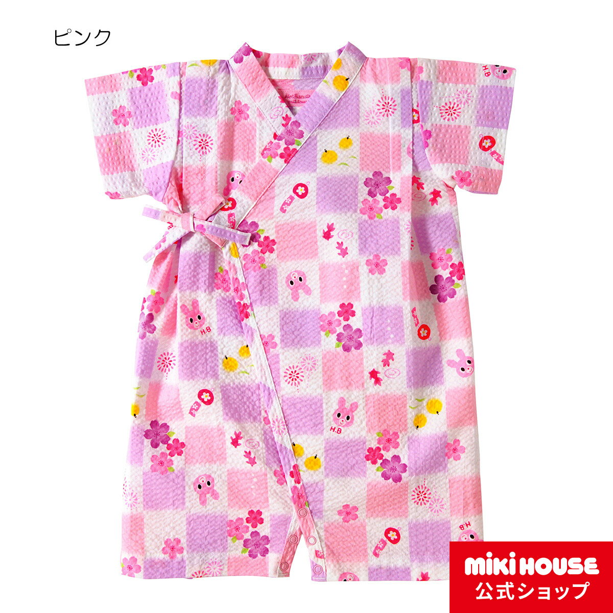 ミキハウス ホットビスケッツ mikihouse キャビットちゃん♪さくら＆市松柄甚平オール〈S-M（60cm-80cm）〉 ベビー用品 ベビー 赤ちゃん 女の子 ピンク