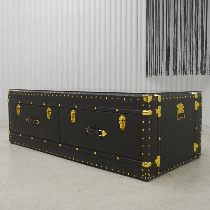 受注生産 新商品 送料無料 アウトレット 未使用 トランクテーブル 150幅 ワイド ガラストップ リビングテーブル ブラウン 収納付き 引き出し 引出  ミキインテリア