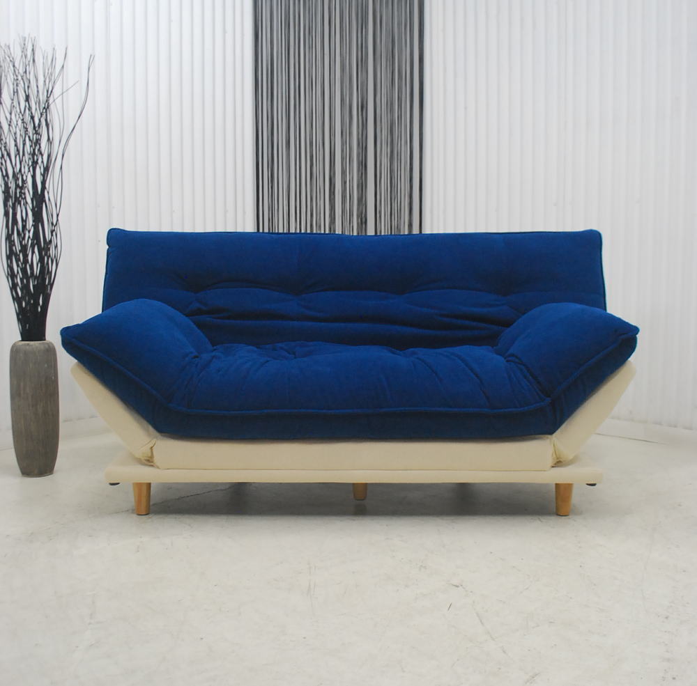 アウトレット 送料無料 展示品 現品限り ボリューム感のあるソファーベッド ネイビー 紺色 ファブリック ソファベッド 布製 1台2役 肘ギアつき リクライニング インテリア リビング 家具 ミキインテリア