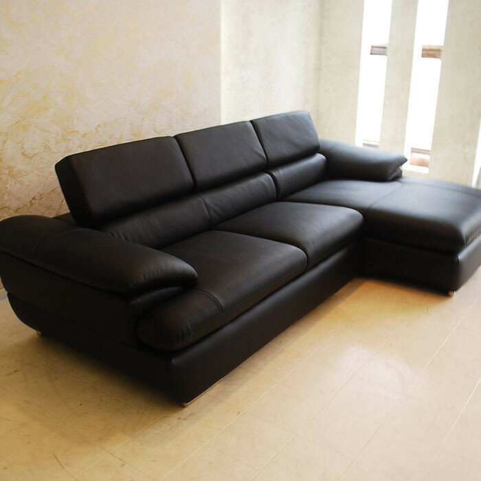 Leather - アウトレット 未使用 送料無料 イタリアンレザー本革 ヘッドレスギア付き カウチソファーセット クールモダン 黒 ラグジュアリー 座って左 左カウチ ブラック 革 皮 肘あり 3人掛け スチール脚 ソファー L型 家具 ミキインテリア
