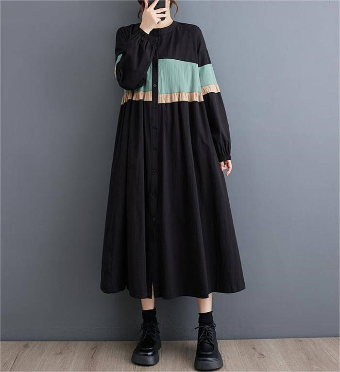 シャツワンピース 秋 ロング 黒 シャツ ワンピース 秋 冬 長袖 ロングワンピース ロング ドッキングワンピース フレアワンピース ドッキング 個性的 体型カバー 大きいサイズ ゆったり オーバーサイズ 春 切り替え 配色 美脚 通勤 おしゃれ ファッション 50代 30代 40代