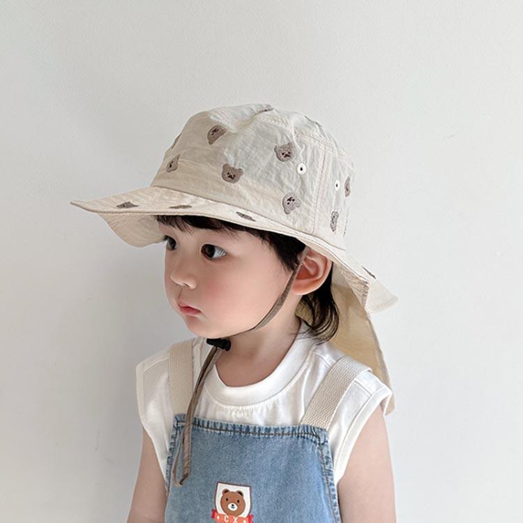 【送料無料】たれ付き 帽子 ハット キッズ キッズハット バケットハット 子ども用 タレ付き 日よけ帽子 あご紐つき 刺繍 日除け 女の子 男の子 薄手 紫外線対