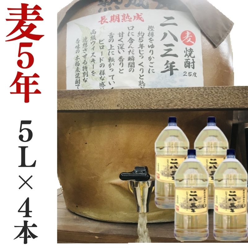 麦焼酎 家飲み 量り売り焼酎 5L×4本「長期熟成・283年」【愛媛朝詰め】長期貯蔵 樽貯蔵 居酒屋 大容量 送料無料 （北海道・沖縄・離島は別途送料がかかります）