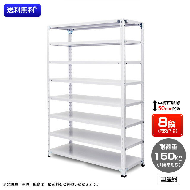 【送料無料】　業務用スチールラック　耐荷重：1段150kg　【高さ1200 x 横幅1800 x 奥行300 x 棚板8枚(有効段数7段)】