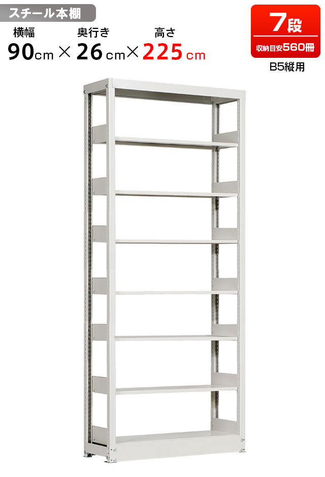 【送料無料】　≪図書館でも使用しているスチール本棚≫　複柱単式スチール書架【B5用】【単体型】【高さ2250・有効段数7段】