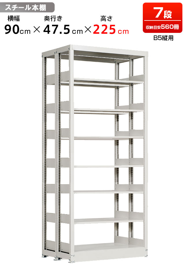 【送料無料】　≪図書館でも使用しているスチール本棚≫　複柱複式スチール書架【B5用】【単体型】【高さ2250・有効段数7段】