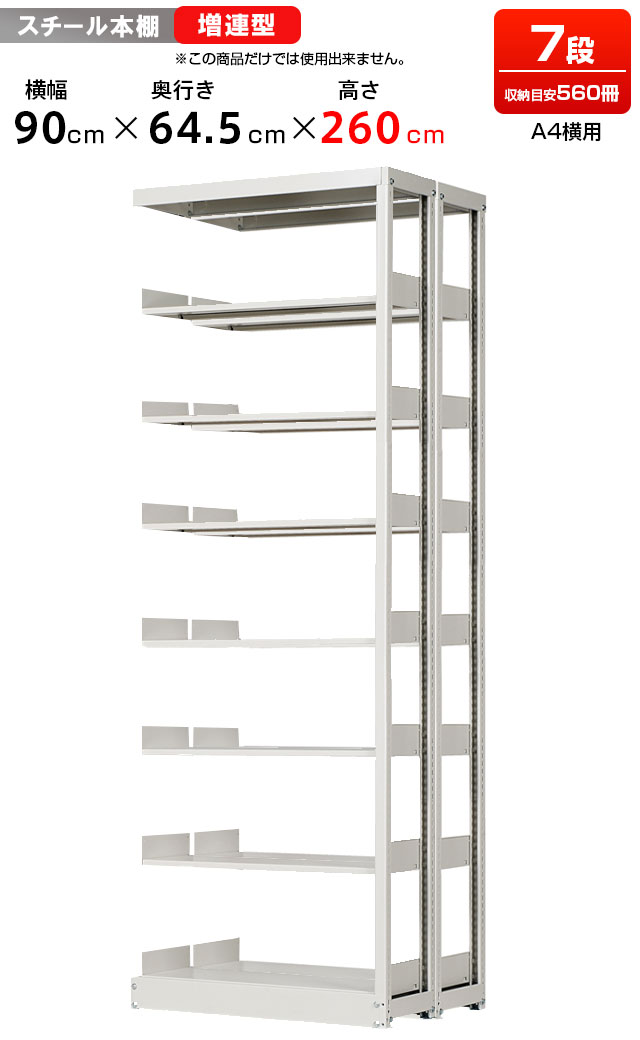 【送料無料】　≪図書館でも使用しているスチール本棚≫　複柱複式スチール書架【A4横用】【増連型】【高さ2600・有効段数7段】