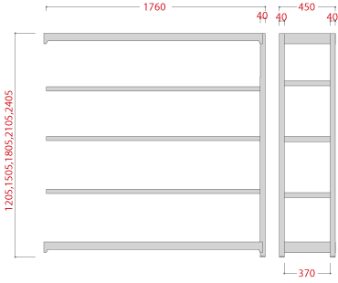 【送料無料】業務用スチールラック ボルトレス・増連型 オープン型 耐荷重:1段200kg【高さ1800 x 横幅1800 x 奥行450 x 棚板5枚(有効段数4段)】 [2]