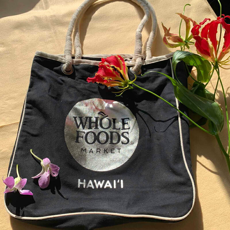 ホールフーズ・マーケット エコバッグ WHOLE FOODS MARKET ホールフーズマーケット QUEEN クイーン店限定 ロープエコバッグ【ハワイ限定】筆記体 ブラックxシルバー / ALOHA ロゴ デザイン / ワンサイズ【ハワイ直輸入】【正規品】【asu】