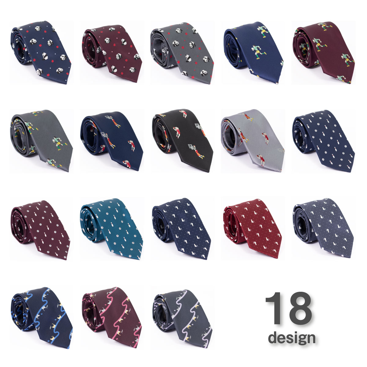 『ユニーク モチーフ ネクタイ』選んで楽しい18デザイン 【nun2】猫 パンダ バスケットボール ラグビー ボーリング　ギフト プレゼント 送料無料 洗える ネイビー ブルー系 ワイン グレー系 赤系