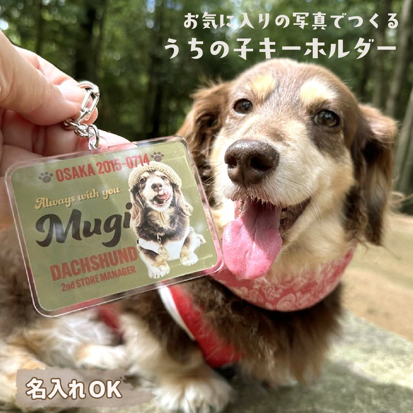 人気のうちの子グッズはこちら ★お得な写真のペットカートお名前プレート同時購入ページはこちら スマホの写真を送るだけ！ お気に入りのお写真から、世界にひとつだけのうちの子 アクリルキーホルダーをお作りします。 スマホの小さい画像・昔の粗め画像でも お写真の可愛さはそのままに、温かみのあるナチュラルな水彩画調に加工させていただきます。 お名前・日付などの文字入れも、全体のバランスを見ながらデザイン。 ご注文後、デザインレイアウト画像で仕上がりをご確認いただいてから印刷いたします。 【ギフトにも】 誕生日プレゼント・記念日ギフトにもおすすめです♪ 心を込めてデザイン・製作いたします。 【安心ポイント】 イメージ画像でデザイン確認後に印刷いたしますので、安心してご注文いただけます。 【こだわりポイント】 ・多頭飼い対応 ・お写真2枚まで追加料金なし ・古いお写真の補正OK ・2匹並びのレイアウトも可能です お写真は2枚まで追加料金なし。 3枚目以降をご希望の場合は、写真追加オプションを一緒にご購入ください。 写真追加オプション ■ ご注文の流れ 1. ご注文後にLINEまたはメールでお写真を送付ください 2. 当店でデザイン制作、レイアウトをを送付いたします 3. お客様 承認後、印刷依頼・発送 ※デザイン途中でお写真の変更はできません。 LINEからのお写真はこちら LINE Official :@rav5181v 素材：アクリル 納期：デザインレイアウト確定後、8-10営業日程度で発送いたします ※土日祝を除きます ※ラッピング希望の場合は通常より+3〜4営業日ほどお日にちをいただきます。 「写真で作るうちの子シリーズ」は同じデザインテイストで色々なグッズをお楽しみいただけます。 ★ Photo × Name × Custom made 世界にひとつの写真で作るうちの子グッズシリーズ一覧はこちら ★お得な写真のペットカートお名前プレート同時購入ページはこちら ★同じ写真で一緒に作れる お揃いキーホルダー・バッジはこちら ※画面のカラーと実際のカラーとはご使用の環境などにより多少異なる場合がございます。 ※完全オーダーメイド品となりますので、ご注文後のキャンセル変更はお受けできません。 ※確認用のデザインレイアウトの著作権は当店にございます。レイアウト画像を使用した製品化はご遠慮ください。 【予めご了承ください】 ・ご使用のパソコンのモニタ及び携帯電話のメーカー・機種・画面設定等により、実際の商品の色と異なって見える場合がございます。予めご了承ください。 ・印刷機に設置する際、ひとつひとつ手作業で行っているため、わずかな印刷ズレが生じる場合がございます。3mm以内の印刷ズレにつきましてはご了承ください。 ※上記につきましては、不良ではありませんので、予めご理解ご了承頂いた上でご注文ください。 ※本商品はアクリル裏面に直接印刷を施した仕様です。鍵などの硬いものと一緒に使用したり、強く擦れたり引っ掻いたりすると、印刷面にキズが付いたり、印刷が剥がれる場合がございます。 当ショップのアクリルキーホルダーは、裏面にもデザインが入る両面印刷仕様です。 【関連ワード】 アクリルキーホルダー アクキー ペットキーホルダー うちの子グッズ オーダーメイド オリジナル 写真入り 名入れ ネームタグ チャーム ストラップ キーリング 迷子札 おしゃれ かわいい ペット用品 犬用品 猫用品 愛犬 愛猫 散歩バッグ カバン 鍵 お出かけ ギフト プレゼント 贈り物 誕生日 記念日 ペットギフト 犬友 猫友 メモリアル世界にひとつの写真で作るうちの子グッズシリーズ一覧はこちら