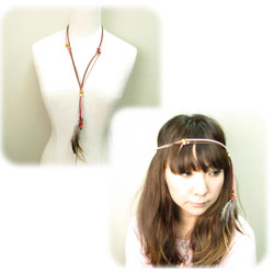 ネックレス リアルフェザー付き カラフルウッドビーズヘアバンドにもOKなレザーネックレス KN19073-77【ペンダント】
