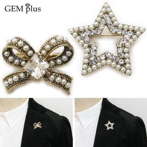 ブローチ リボン スター 星 パール レディース ラペルピン 小さい りぼん 真珠 ラインストーン KSJ59014 結婚式【GEM plus】