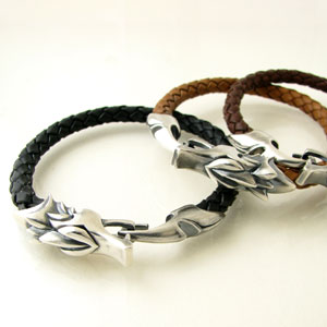 ブレスレット DAgDART ダグダート『Ouroboros ウロボロス』ドラゴンヘッドレザーブレスレット 蛇 龍デザイン編み革 シルバー×レザーブレスレットDB-166 3色【シンプル】