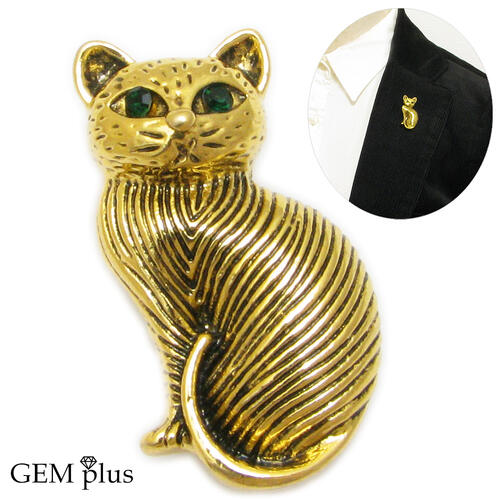 ブローチ 猫 ねこ ネコ レディース メンズ 結婚式 ラペルピン ゴールドカラーGEM plus CHS10174