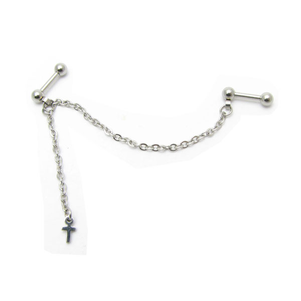 ボディピアス 16g チェーン クロス 十字架 ピアス ストレートバーベル 16G stb2402