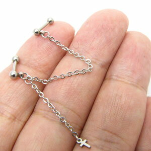 ボディピアス 16g チェーン クロス 十字架 ピアス ストレートバーベル 16G stb2402