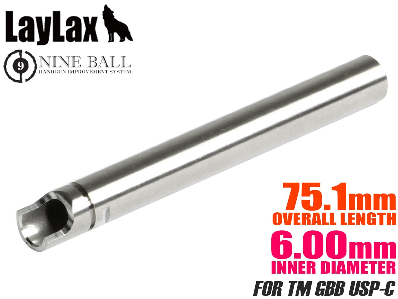 LayLax NINE BALL パワーバレル(Φ6.00mm インナーバレル) 75.1mm 東京マルイ GBB USPコンパクト◆MARUI ガスブロ 超タイト 強化 精密バレル 精度 内部パーツ