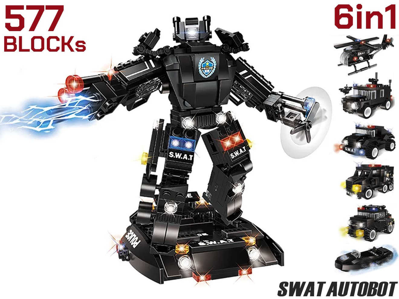 AFM SWAT シリーズ 6in1オートボット 577Blocks◆合体ロボット スワット 特殊部隊 特殊車両 警察 ブロック 模型 プラモデル 装甲車 人形 変形 変身