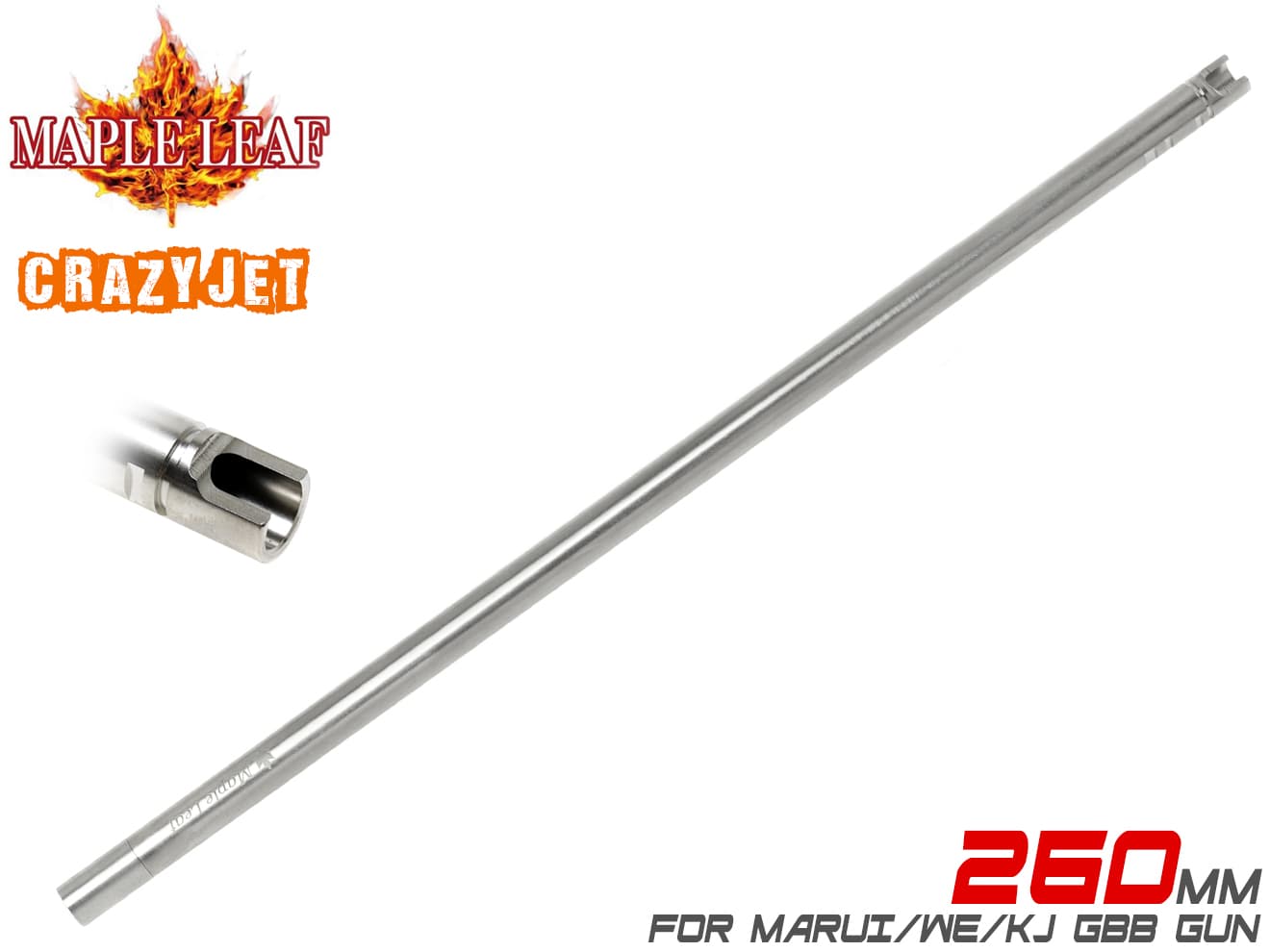 Maple Leaf Crazy Jet インナーバレル 260mm for GBB◆マルイ WE KJなど ガスブロ用 クレイジージェット スリーブ入バレルで初速低減防止