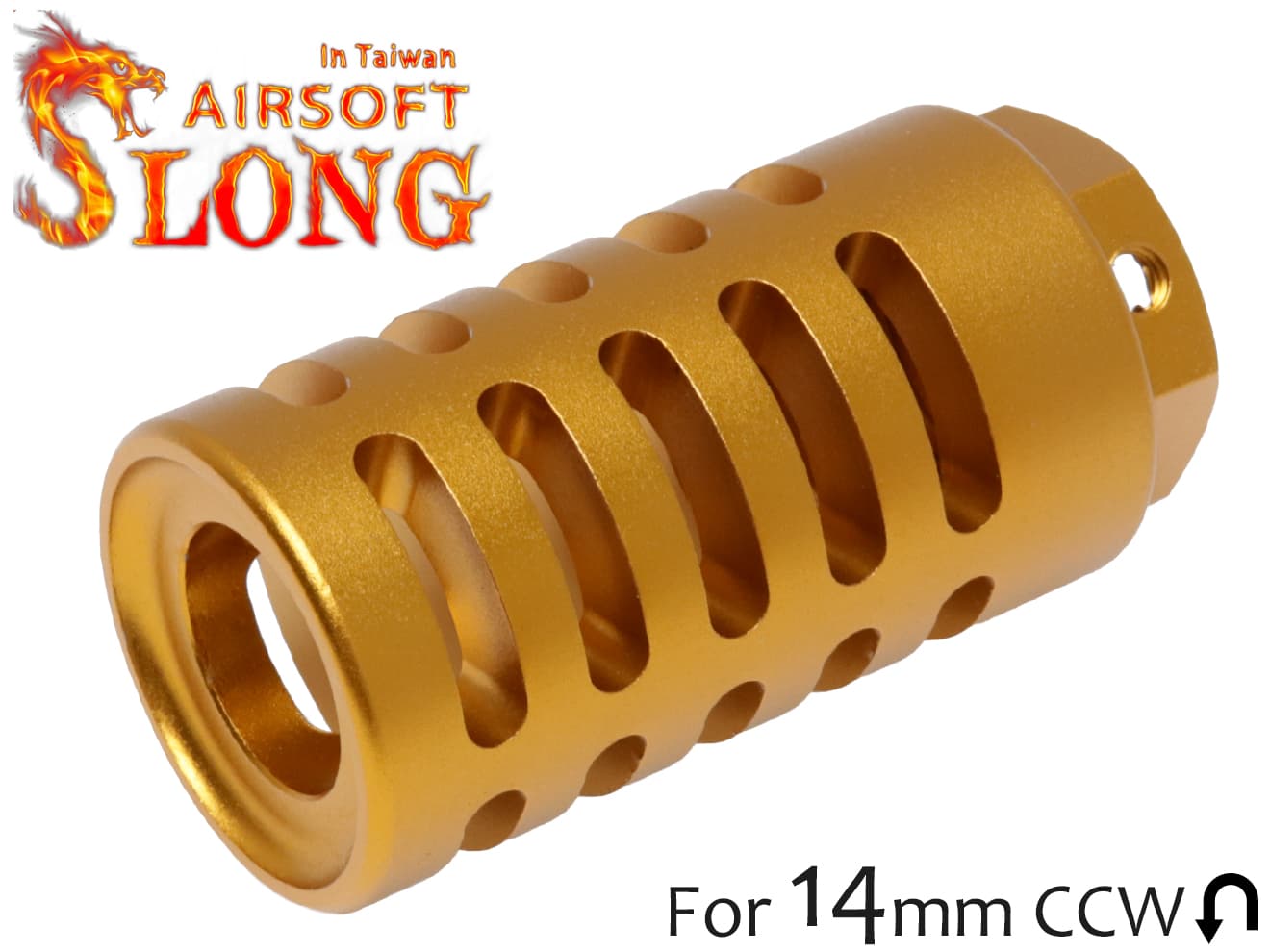 SL00302B SLONG AIRSOFT スロングエアソフト エスロング商品説明ITEM INFOちょっとノスタルジックな雰囲気！コンペンセイターデザインSLONG AIRSOFT フラッシュハイダー G 14mm逆ネジです。14mm逆ネジアウターバレルに装着可能です。カッツ・コンペンセイターをなんとなく彷彿とさせるデザインです。4方向(といってもほぼ360°ですが)に5本のスリットが設けれています。ドレスアップにどうぞ。商品基本情報・スペックITEM SPEC●商品名 ： SLONG AIRSOFT フラッシュハイダー G 14mm逆ネジ●商品番号 ： SL-00-77C●ブランド ： SLONG●カラー ： ゴールド●対応 ： 14mm逆ネジ アウターバレル●素材 ： アルミ●重さ ： 21g●直径 ： Φ22mm（最大)●全長 ： 45mm●14mm逆ネジ対応注意事項ITEM NOTE∇商品固有の注意事項※イモネジは付属しません。別途ご用意ください。∇ご購入時の留意事項商品はすべて点検してからのお届けになります。商品によってはパッケージの開封等を行う場合もございますことをご了承ください。※商品には万全を記しておりますが、万一不備な点がございましたら、お手数ですがお問い合わせフォームにてご連絡頂ますようお願い致します。なお、海外製品につきましては、輸入時についた若干の傷、痛み等が見られる場合がございます。 国内製品のような完全品をお求めの方はご遠慮下さい。※商品が適合外であった場合、またはお客様都合による交換・返品・返金は出来ません。よくお確かめの上、ご購入下さい。※モニター環境により、実際の商品の色と若干異なる場合がございますのでご了承下さい。※他サイトでも同時販売の為売り切れの際はご了承下さい。※売り切れの際は早急にご連絡させて頂きます。（当社休業日を除く）関連商品RELATED ITEMSLONG AIRSOFT フラッシュハイダー G 14mm逆ネジ ブラック[SL-00-77]SLONG AIRSOFT スパイクフラッシュハイダー A 14mm逆ネジ ブラック[SL-00-43]SLONG AIRSOFT スパイクフラッシュハイダー B 14mm逆ネジ ブラック[SL-00-44]SLONG AIRSOFT フラッシュハイダー C 14mm逆ネジ ブラック[SL-00-45]SLONG AIRSOFT フラッシュハイダー D 14mm逆ネジ ブラック[SL-00-46]SLONG AIRSOFT フラッシュハイダー E 14mm逆ネジ ゴールド[SL-00-68C]SLONG AIRSOFT フラッシュハイダー F 14mm逆ネジ ゴールド[SL-00-76C]【検索キーワード】：SLONG AIRSOFT スロングエアソフト フラッシュハイダー コンペンセイター マズルブレーキ マズルデバイス 東京マルイ サバゲー サバイバルゲーム AEG 電動ガン ガスガン カスタム 外装 ドレスアップ AR15 AR-15 M4A1 CARBINE カービン M16A2 M16A4 M5 SR15 SR16 CQB-R AK47 AK-47 AK74 AKS74 AK74U AKM AKMN AKMS AK-103 AK-12 RPK MP5A5 MP5A4 MP5J MP5K MP5SD5 MP5SD6 G36C G36K HK416 G3 G&G KRYTAC ICS ARES APS S&T VFC WE CYMA KING ARMS A&K LCT A&K KING ARMS CLASSIC ARMY CYMA